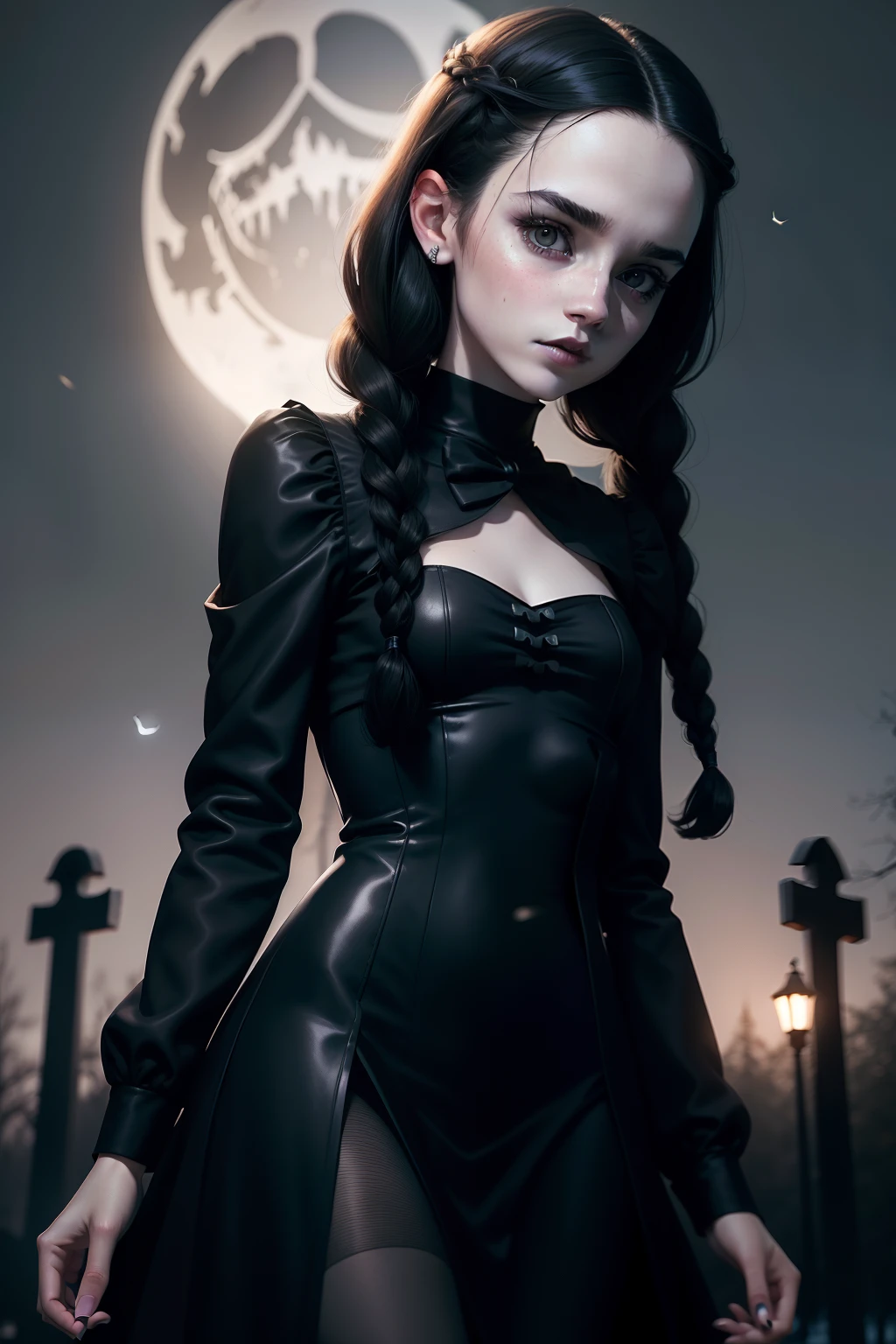 teen Emma Watson, black hair, twin braids, slender, small breasts, pale skin, white face, lifeless face, black lipstick, black sheath dress, midnight background, nightmare before christmas cemetery, full moon lighting,