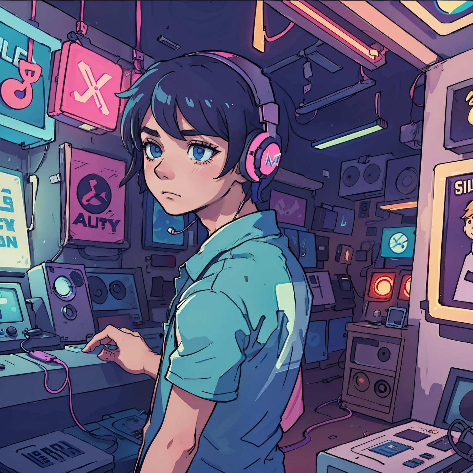 a boy is listening to music with headphones in an old vinyl store, a room with a lot of singer poster, 80s style, with neon lights. The boy is sad when the girl wanna break up and go away.