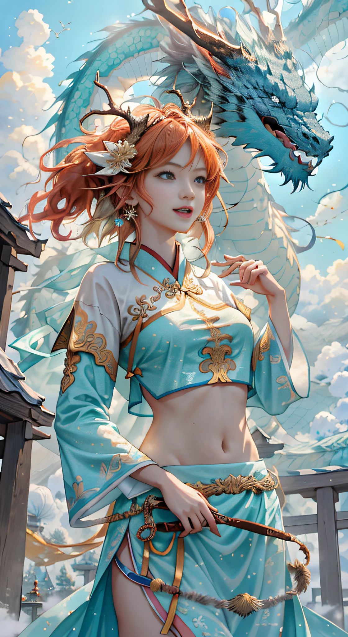 (Realistic, Photo Photorealism: 1.3), Extremely Refined and Beautiful, Amazing, Fine Detail, (Best Illustration), (Best Shadow), Intricate, (There is a Chinese Dragon with Azure on the Back (Dragon: 1.4), Best Quality, Masterpiece, Ultra High Resolution, (Length: 1.2), Oriental Dragon, East Asian Architecture, Sky, Building, Outdoor, Clouds, Sky, Mountain, Open Mouth, Blue Sky, Teeth, Scales, Sharp Teeth, Horns, Glow, Fangs, Tree, Glowing Golden Eyes, Landscape, Fantasy, Mythology, High Quality, Highly Detailed, Epic, Particle Effects, Dynamic Effects, Surround), Clouds, Sunset, Clear Focus, volumetric fog, 8k ultra hd, dslr camera, high quality, (film grain: 1.4), fujifilm XT3,official art, unified 8k wallpaper, super detailed, beautiful beauty, best quality, (tangled, entangled), (fractal art: 1.4), a girl with antlers on her head and orange hair, fists in both hands, Chinese, gorgeous azure hanfu, navel, very detailed, dynamic angle, denim shot, (most beautiful chaotic shape), flow, (bright colors), oc, (half: 1.2), China, (Tape: 1.3), (Dream: 1.5), (Hanfu: 1.5), (Smile: 0.5), (Chinese God 1.3), Complex, Hyperdetailed, (Skin Dents), Female, Detailed Body, (Detailed Face: 1.1), (Contour Iris), (Watercolor Lenses), (Perfect Eyes), Gorgeous, (Masterpiece: 1.2), (Best Quality: 1.2), Detailed Background, Cinematic Light, Best Shadows, Cute Detail Face, Dramatic Light, Intricate Details, Beautiful long hair, flowing long hair, ethereal light, wide angle, solo, full body, colorful, flame, charming, enchanting,, thin waist, gorgeous goddess, Buddha-figure, pale gold eyes, delicate pattern, precious stone, gold, diamond, volumetric light, holiness, backlight, opposite