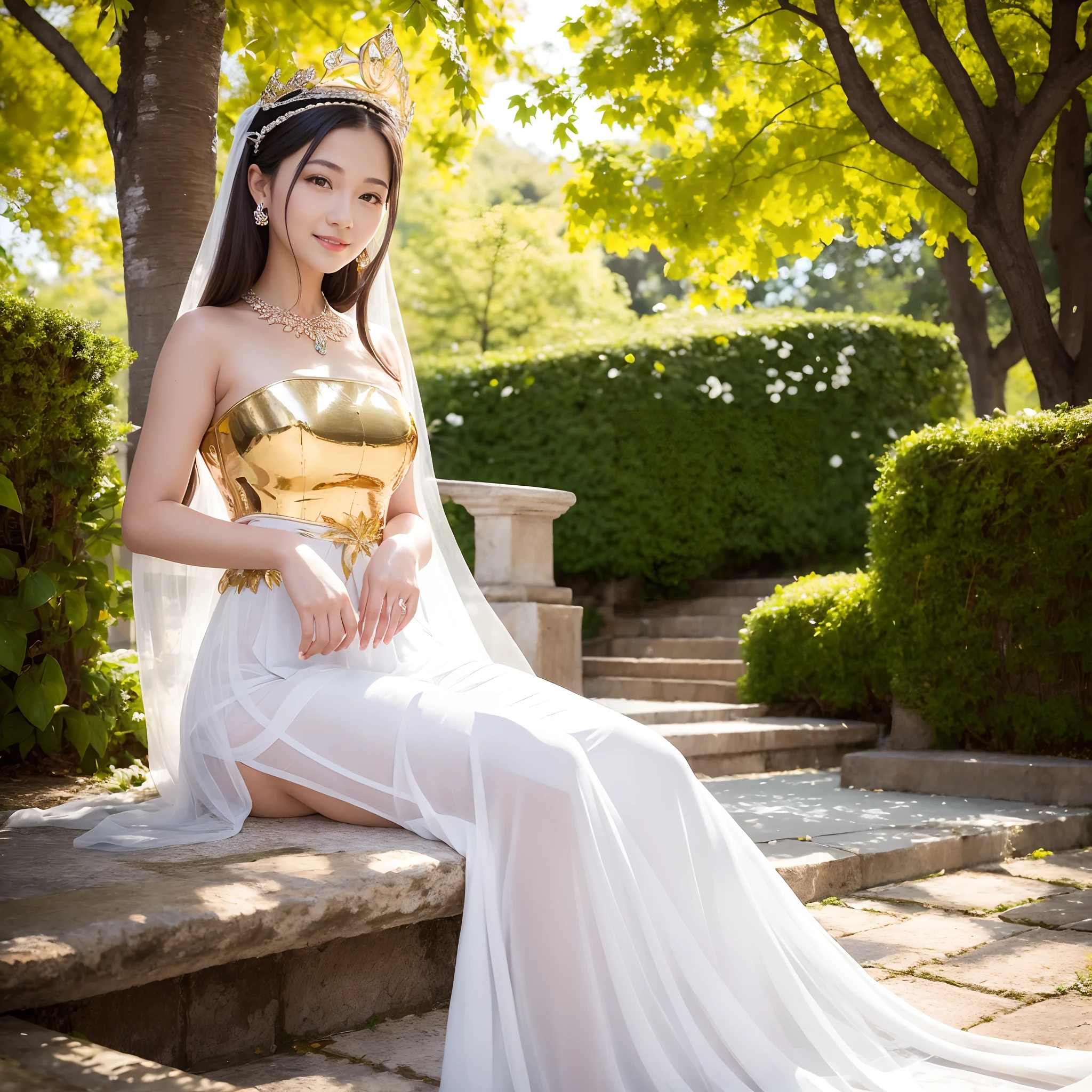 (Masterpiece) (Best quality) A beautiful woman dressed in white with a crown of golden leaves on her head. She is in a beautiful garden standing facing the camera with a beautiful smile in a natural pose. film quality