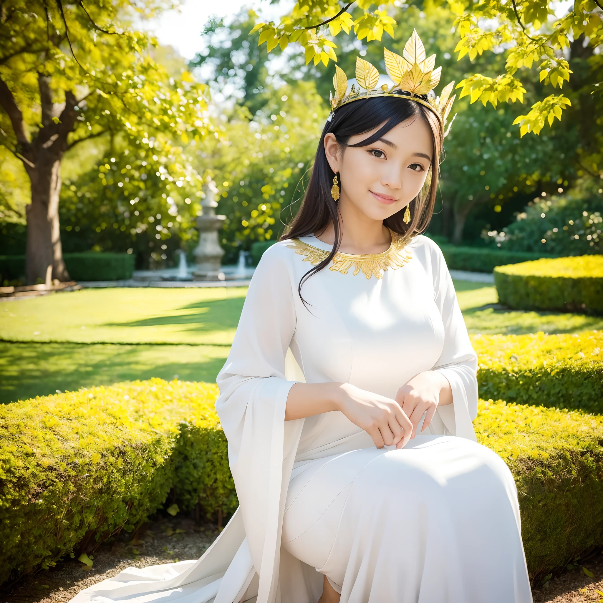 (Masterpiece) (Best quality) A beautiful woman dressed in white with a crown of golden leaves on her head. She is in a beautiful garden standing facing the camera with a beautiful smile in a natural pose. film quality