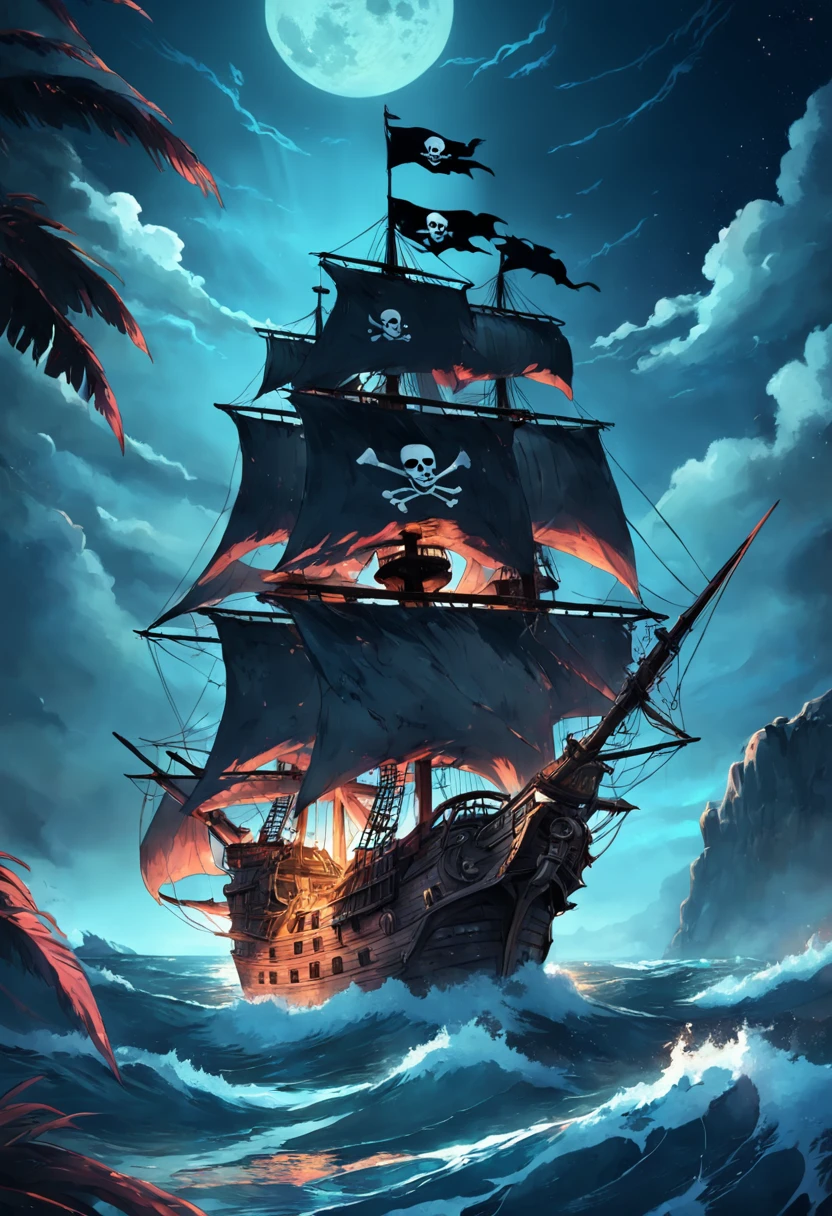 a pirate ships mast ,with crows nest and sails displaying skull and crossbones, full height front view