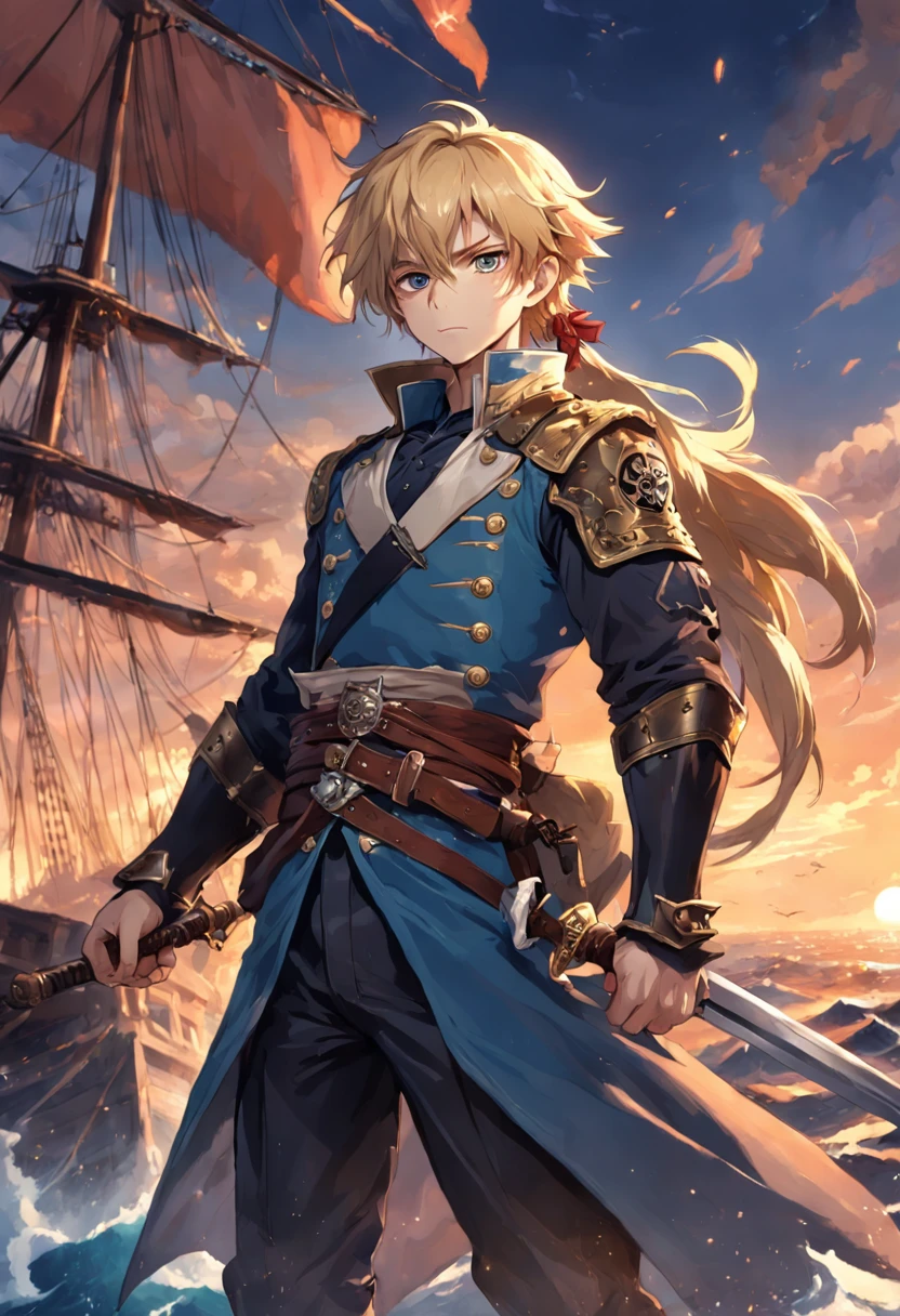 best qulaity, Meisterwerk, Ultra-detaillierte, extremely high-resolution CG unit wallpaper, beste Illustration, An extremely heroic, 36 Jahre alter Mann, Greatsword on the back, Haar kurz blond, Vollbart, blond, Pirate with plate armor, Hub above the right eye, steht in einer Hafenszcene vor einem Piratenschiff,  -Kopfbedeckung, wird umgeben von gelben heiligen licht.