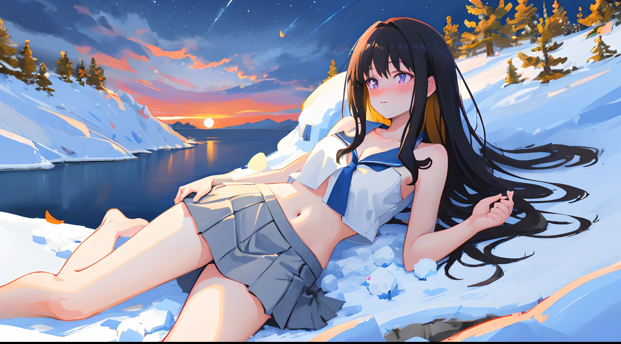 Inoue Takina, Long hair, bangs, Black hair, Purple pupils，Uniform short skirt，Bare legs，Extreme，Bare body，Expose the collarbone，Bare shoulders，Bare chest，Crop top，Bare crotch，A long and wide river，the night，conifer，Falling snow，snowfield，Thighs facing inward，Wide sky，small moon，Intricate clouds，Unfasten collared shirts and ties，Picturesque night view of the city，The characters are naked，Cruise ships coming and going，mediuml breasts，Bare breasts，beautiful countenance，Cinematic texture，Anime art wallpaper 8k, Beautiful anime girl, 4k manga wallpapers，Detailed，The sky passes through meteors，Masterpiece，Detailed light，illustration，Petite body，Beautiful detailed eyes，shyexpression，Caress your thighs，On extremely refined Cg ,Highly detailed,(Masterpiece)), Dynamic Angle, (Best quality), Best shadow,Dynamic，Great snowfield，Hillside in the distance，flower  sea，winter，solo person，Naked of breast，perfect female shape，big breasts exposed cleavage，stereograms，shadowing，Ear blush，Lying on the snow，heavy breathing, drop shadow, panorama, 8k, super detail, anatomically correct