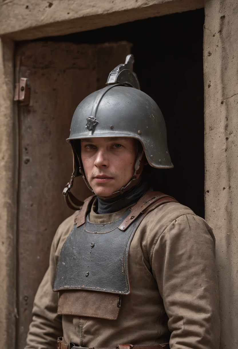 A war helmet, with an open jail door on the helmet, depicting freedom, 8k, uhd, harsh low lighting, high quality, sharp focus, fujifilm XT3