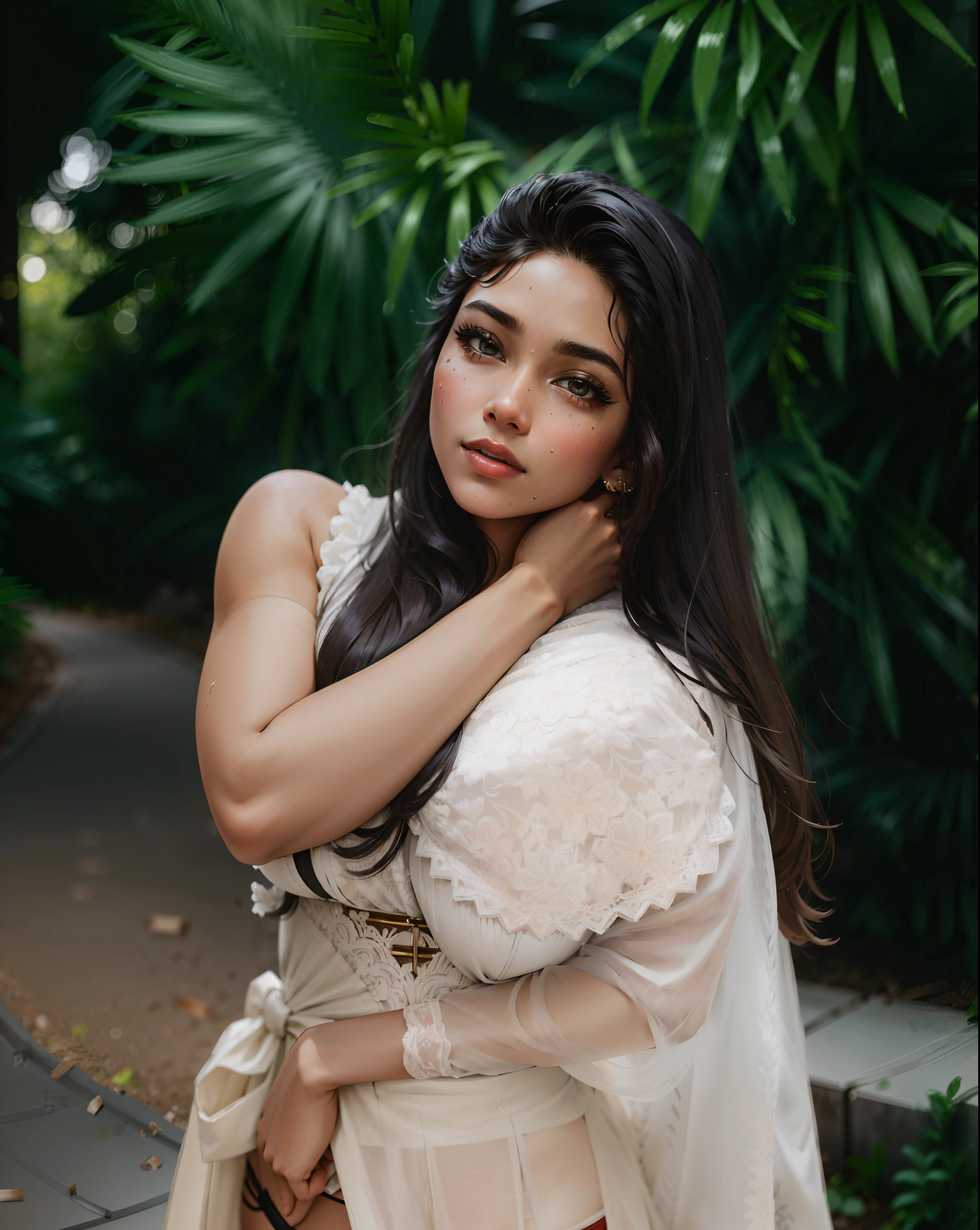a hyper-realistic portrait of a young bangladeshi wwoman, half asleep, (face with dimples), under a tree, inside a forest, lots of rain, in the middle of nature, 22 years old, [[dimples]], realistic, (lying on her side), she is wearing a red panties, (wearing a garter belt and black pantyhose), sexy, huge breasts, torn, (all torn), wet clothing, short brown hair, (hair tied with bows), curved, SFW
