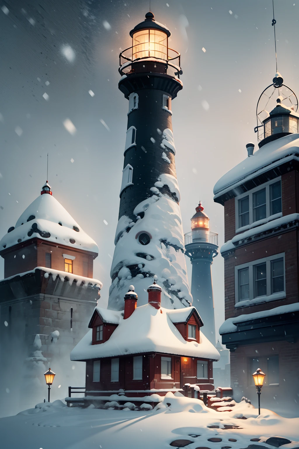 lighthouse in the snowy city
