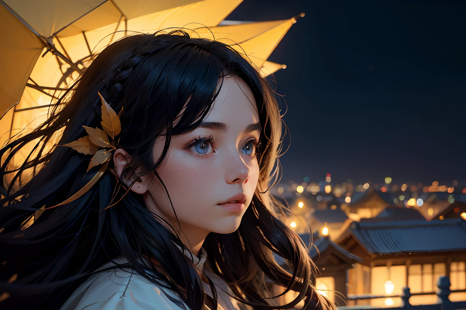 1girll,Long hair spread out,Autumn wind,Hair is floating in the wind,Ethereal beauty, Perched on the roof,Overlooking the city,Chinese ancient style,exteriors,the night,deep in the night,Blue starry sky,Starry sky in ancient China,The roof of the Forbidden City,starry sky bright,horizon, Hair flutters in the wind:1.5),view from long distance, Atmospheric lighting, Focus individually, closeup cleavage, seen from the side, depth of fields, Background bokeh,Best quality at best,tmasterpiece,16k,UHD resolution,Detailed depiction,anatomy correct, Delicate pattern,Soft lighting, ( Bokeh),Epic composition, 16k,Epic romantic fantasy digital art,Epic fairy tale fantasy digital art,UHD resolution,Detailed detail drawing,realisticlying,Very realistic,cinmatic lighting,an award winning photograph,hyper realistic lifelike texture,