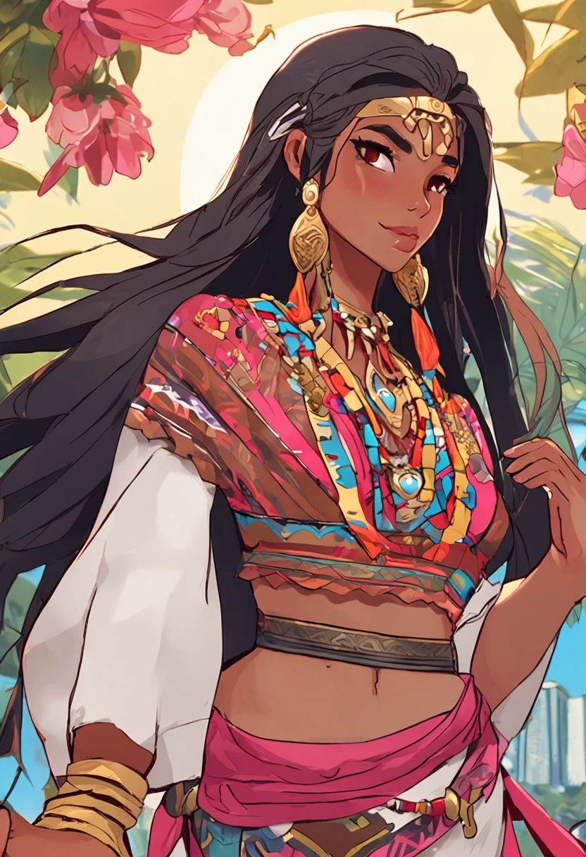 (masterpiece - picture - detailed - best quality) - anime style - genshin impact style - milf woman - - aztec - long black hair - dark brown skin - fabulous look - traditional wear mexican - poncho - pink mexican skirt - sash at waist and Stomach - Closed diamonds - Gold bracelets, earrings and necklace - Impressive appearance - Sunflower petals in the atmosphere -