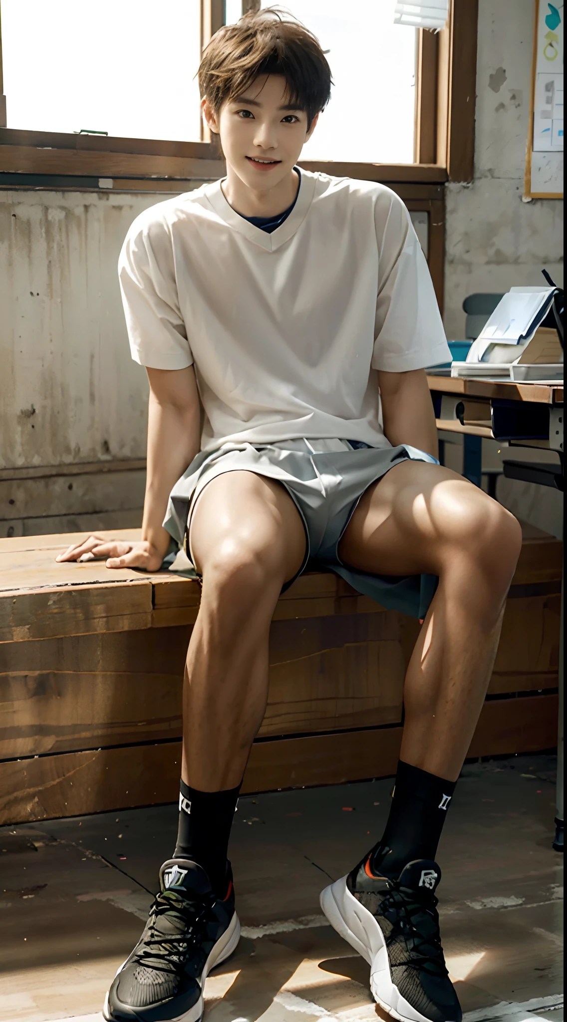 （-yeld juitting in a classroom：2），Positive perspective，（malefocus），（Expose the whole body：2），Height 300 cm，Super long legs, Straight legs，Expose shoes，Tall guy，Tall，broad shoulder，Shota，Round face and pointed chin，（The face of the animated male protagonist），Extremely handsome，Happy smile，tilts your head，Men's basketball uniforms，Men's boxer panties，Short messy hair，Eyes widen，orthofacial，athletic sneakers。and the sun was shining brightly，‎Classroom，ultra-realistic realism, (Photorealistic detail), Incredible accuracy, lifelike textures, masterful technique, Jaw-dropping precision, artistic dedication，（anatomy correct），Good lighting，exquisite detailing，Best quality，stunning masterpiece，CG，（Colored screen）