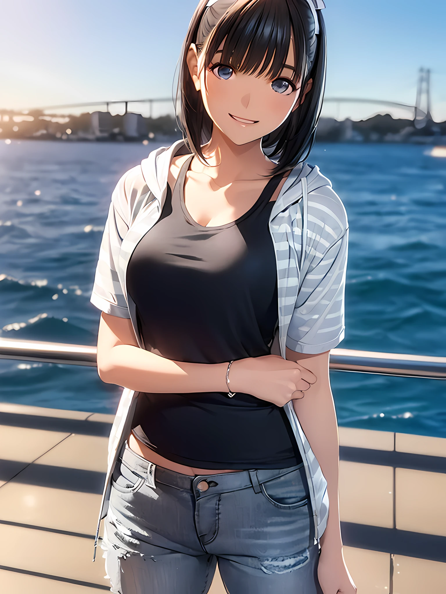 hight resolution,in 8K,Best Quality,detaileds,semi - realistic anime,Anime 3D Style,Smooth Anime CG,1 girl in,20 year old woman in Japan,slim,modeled,shiny chestnut hair,Medium Hair,Detailed face,Beautiful and detailed eyes,Glowing skin,randome pose,(((Black tank top))),(((White and light gray striped short sleeve hoodie))),((Open jacket)),((blue skinny jeans))a necklace,Smile with open mouth,Sea view,Fishermanstown,Background blur