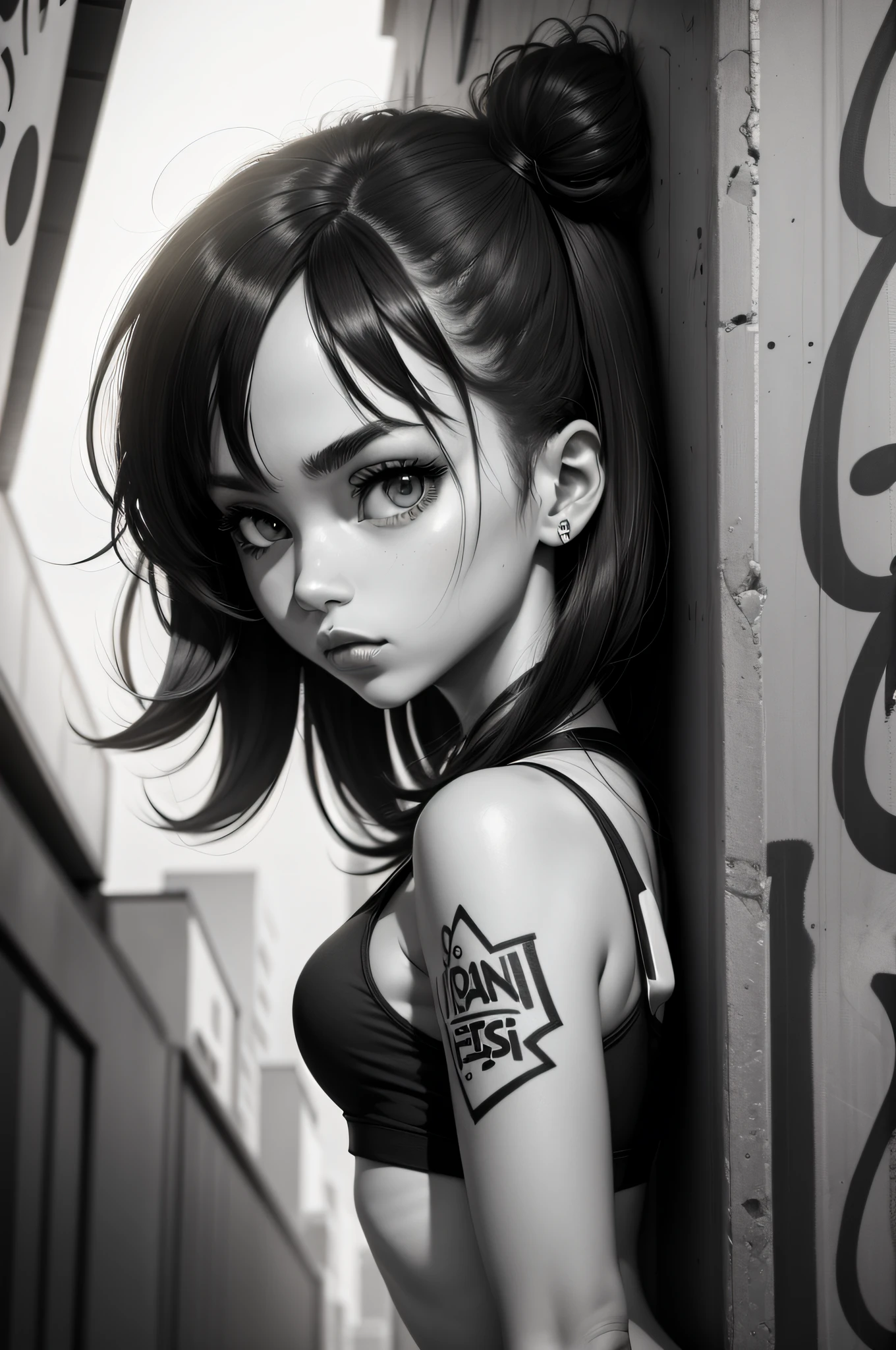 2D flat black and white graffiti，Cartoon Girl，The background is a variety of cartoon animals，Black and white
