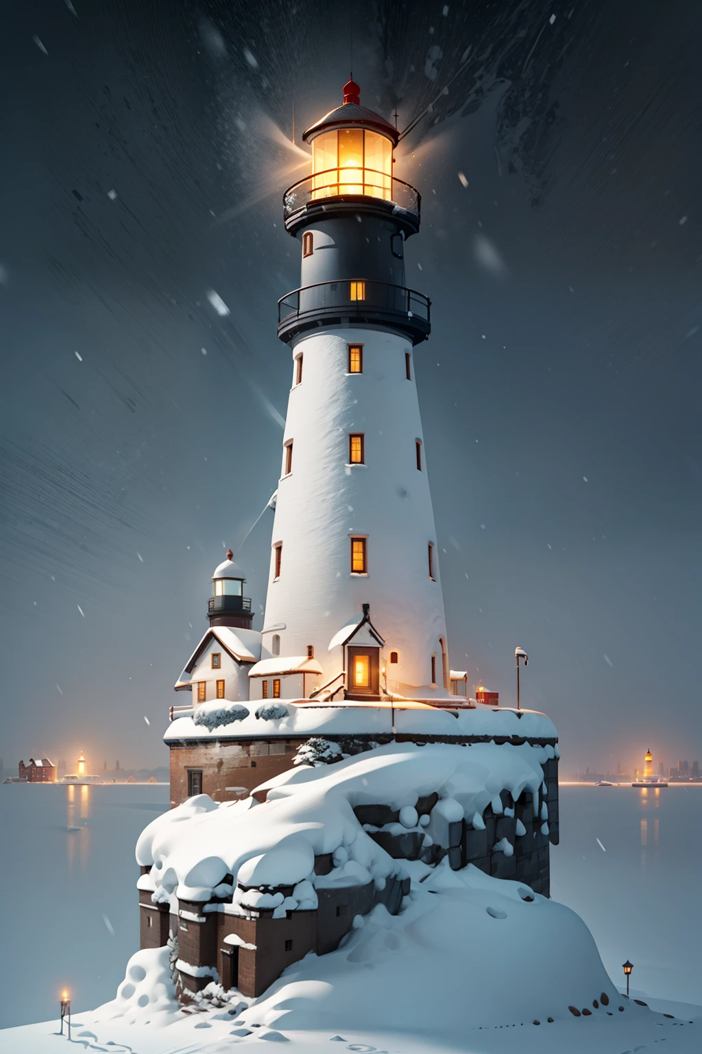 lighthouse in the snowy city