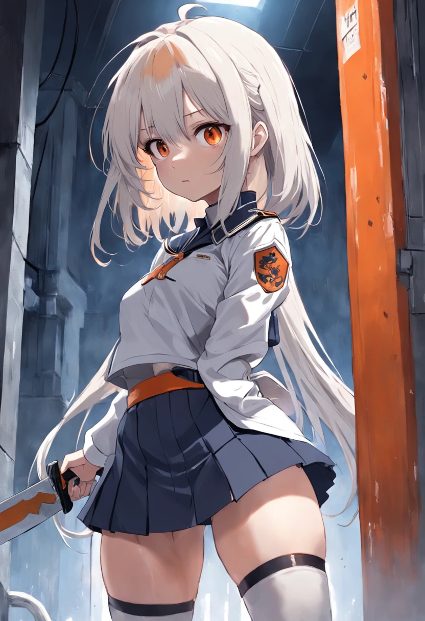 bit girl,Wear orange combat uniforms,White color hair,There is a long knife on his back,In the toilet,looking back at the camera,Very shy,Drawn by Mai Yoneyama,Don't wear skirts,The reveal panties