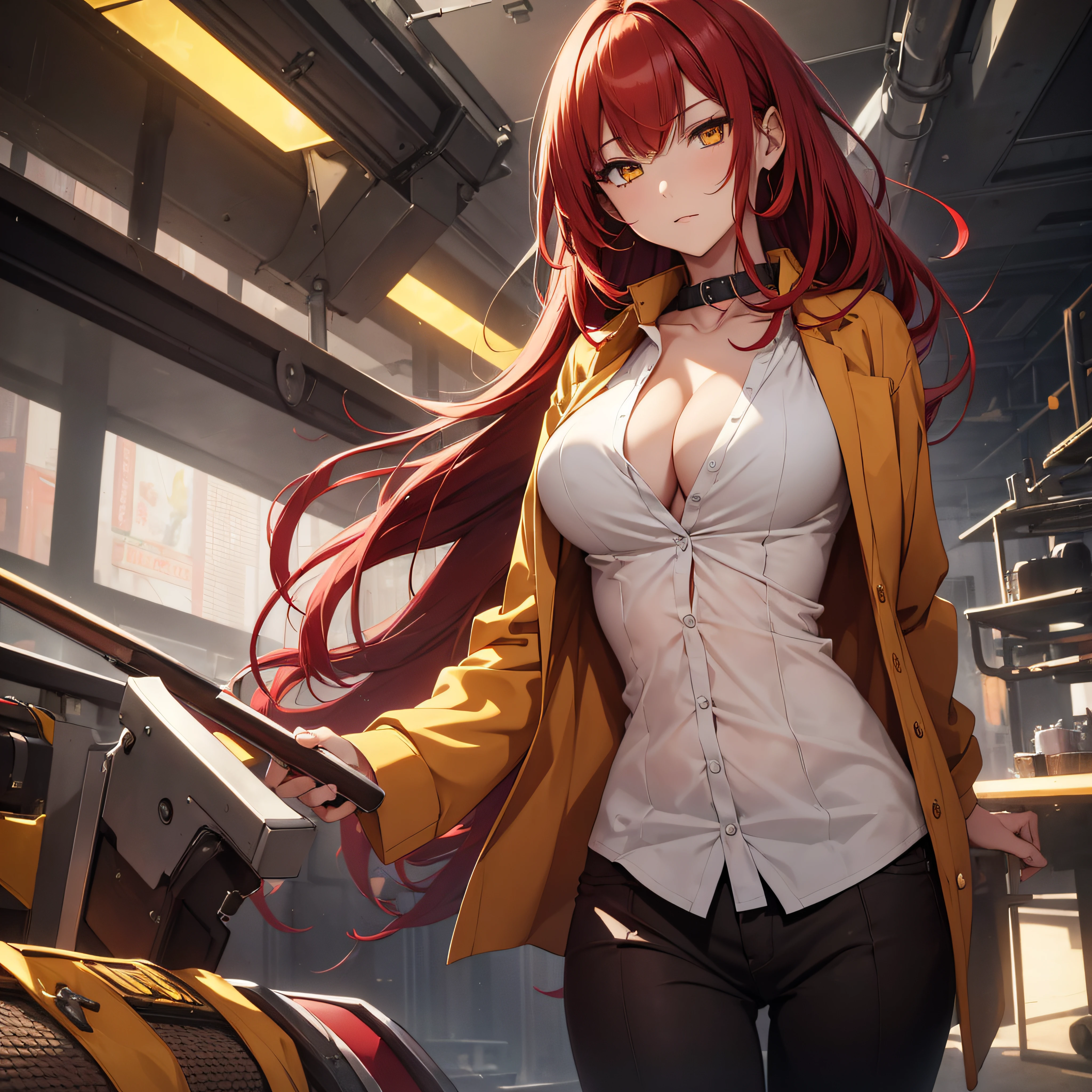 (masterpiece, best quality:1.2), solo, 1girl, red hair, yellow eyes, makima,, unbuttoned shirt with collar, on the chest, a lot of, black unbuttoned pants, wide hips, hot, sexy.