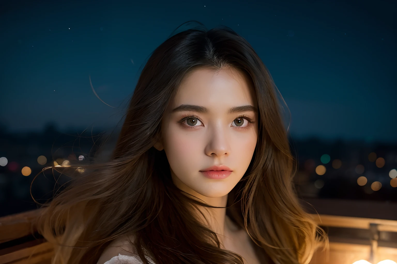 1girll，Long hair spread out，Autumn wind，Hair is floating in the wind，Ethereal beauty, Perched on the roof,Overlooking the city，Chinese ancient style，exteriors，the night，deep in the night，Blue starry sky，Starry sky in ancient China，The roof of the Forbidden City，starry sky bright，The landscape，scenecy，horizon，the roof, Perched on the roof, ventania, Hair flutters in the wind:1.5)，view from long distance, Atmospheric lighting, Focus individually, closeup cleavage, seen from the side, depth of fields, Background bokeh，Best quality at best，tmasterpiece，16k，UHD resolution，Detailed depiction，anatomy correct, Delicate pattern，Pink rose space, Soft lighting, ( Bokeh)，Epic composition, 16k，Epic romantic fantasy digital art，Epic fairy tale fantasy digital art，Mythological fantasy，UHD resolution，Detailed detail drawing，realisticlying，Very realistic，cinmatic lighting,an award winning photograph,hyper realistic lifelike texture，dramatic  lighting