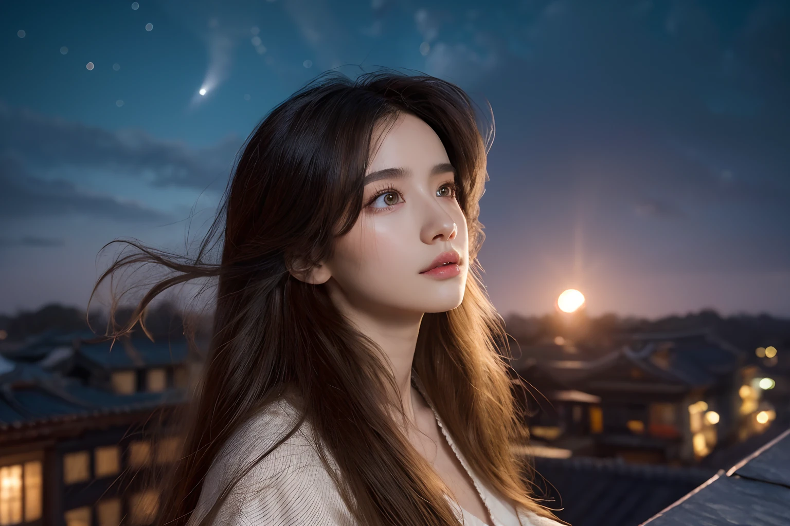 1girll,Long hair spread out,Autumn wind,Hair is floating in the wind,Ethereal beauty, Perched on the roof,Overlooking the city,Chinese ancient style,exteriors,the night,deep in the night,Blue starry sky,Starry sky in ancient China,The roof of the Forbidden City,starry sky bright,The landscape,scenecy,horizon,the roof, Perched on the roof, ventania, Hair flutters in the wind:1.5),view from long distance, Atmospheric lighting, Focus individually, closeup cleavage, seen from the side, depth of fields, Background bokeh,Best quality at best,tmasterpiece,16k,UHD resolution,Detailed depiction,anatomy correct, Delicate pattern,Pink rose space, Soft lighting, ( Bokeh),Epic composition, 16k,Epic romantic fantasy digital art,Epic fairy tale fantasy digital art,Mythological fantasy,UHD resolution,Detailed detail drawing,realisticlying,Very realistic,cinmatic lighting,an award winning photograph,hyper realistic lifelike texture,dramatic lighting