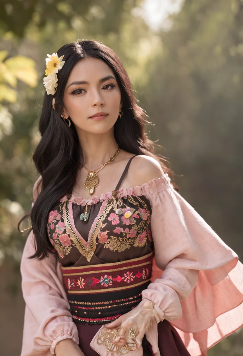 (masterpiece - picture - detailed - best quality) - anime style - genshin impact style - milf woman - - aztec - long black hair - dark brown skin - fabulous look - traditional wear mexican - poncho - pink mexican skirt - sash at waist and Stomach - Closed diamonds - Gold bracelets, earrings and necklace - Impressive appearance - Sunflower petals in the atmosphere -