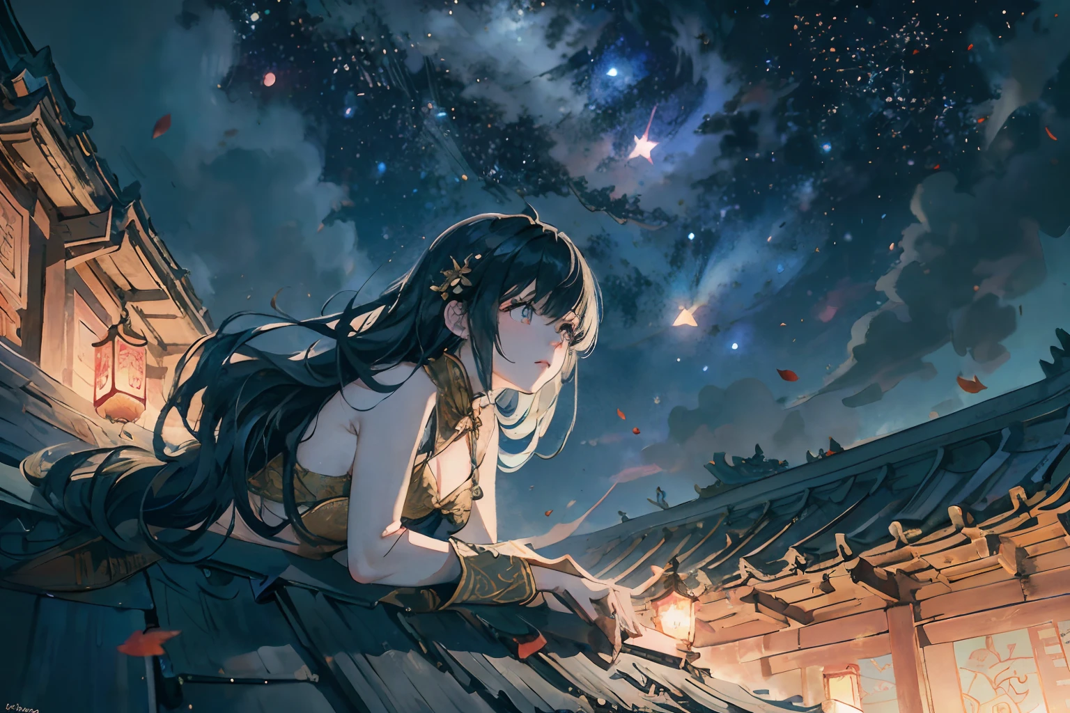 1girll，Long hair spread out，Autumn wind，Hair is floating in the wind，Ethereal beauty, Perched on the roof,Overlooking the city，Chinese ancient style，exteriors，the night，deep in the night，Blue starry sky，Starry sky in ancient China，The roof of the Forbidden City，starry sky bright，The landscape，scenecy，horizon，the roof, Perched on the roof, ventania, Hair flutters in the wind:1.5)，view from long distance, Atmospheric lighting, Focus individually, closeup cleavage, seen from the side, depth of fields, Background bokeh，Best quality at best，tmasterpiece，16k，UHD resolution，Detailed depiction，??????? correct, Delicate pattern，Pink rose space, Soft lighting, ( Bokeh)，Epic composition, 16k，Epic romantic fantasy digital art，Epic fairy tale fantasy digital art，Mythological fantasy，UHD resolution，Detailed detail drawing，realisticlying，Very realistic，cinmatic lighting,an award winning photograph,hyper realistic lifelike texture，dramatic  lighting