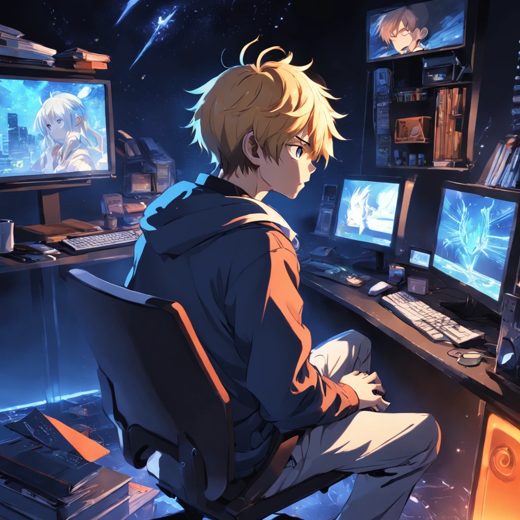 To generate an anime-style picture depicting a young man sitting in a back chair using a laptop programming,The optimized Prompt content is shown below:
"Young man sitting in the back chair programming using laptop、Draw in anime style。"