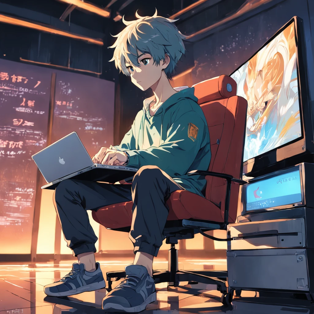 To generate an anime-style picture depicting a young man sitting in a back chair using a laptop programming，The optimized Prompt content is shown below：

"Young man sitting in the back chair programming using laptop、Draw in anime style。"