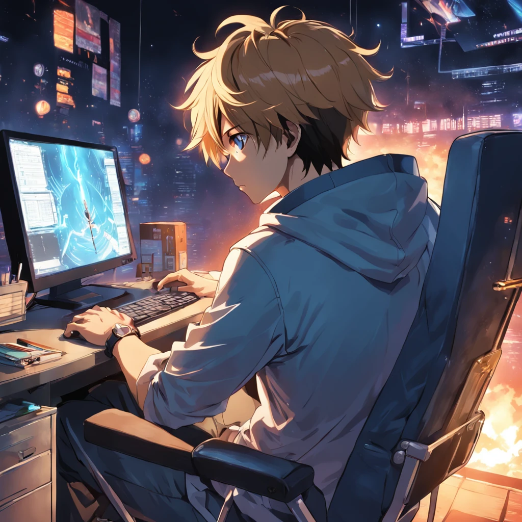 To generate an anime-style picture depicting a young man sitting in a back chair using a laptop programming，The optimized Prompt content is shown below：

"Young man sitting in the back chair programming using laptop、Draw in anime style。"