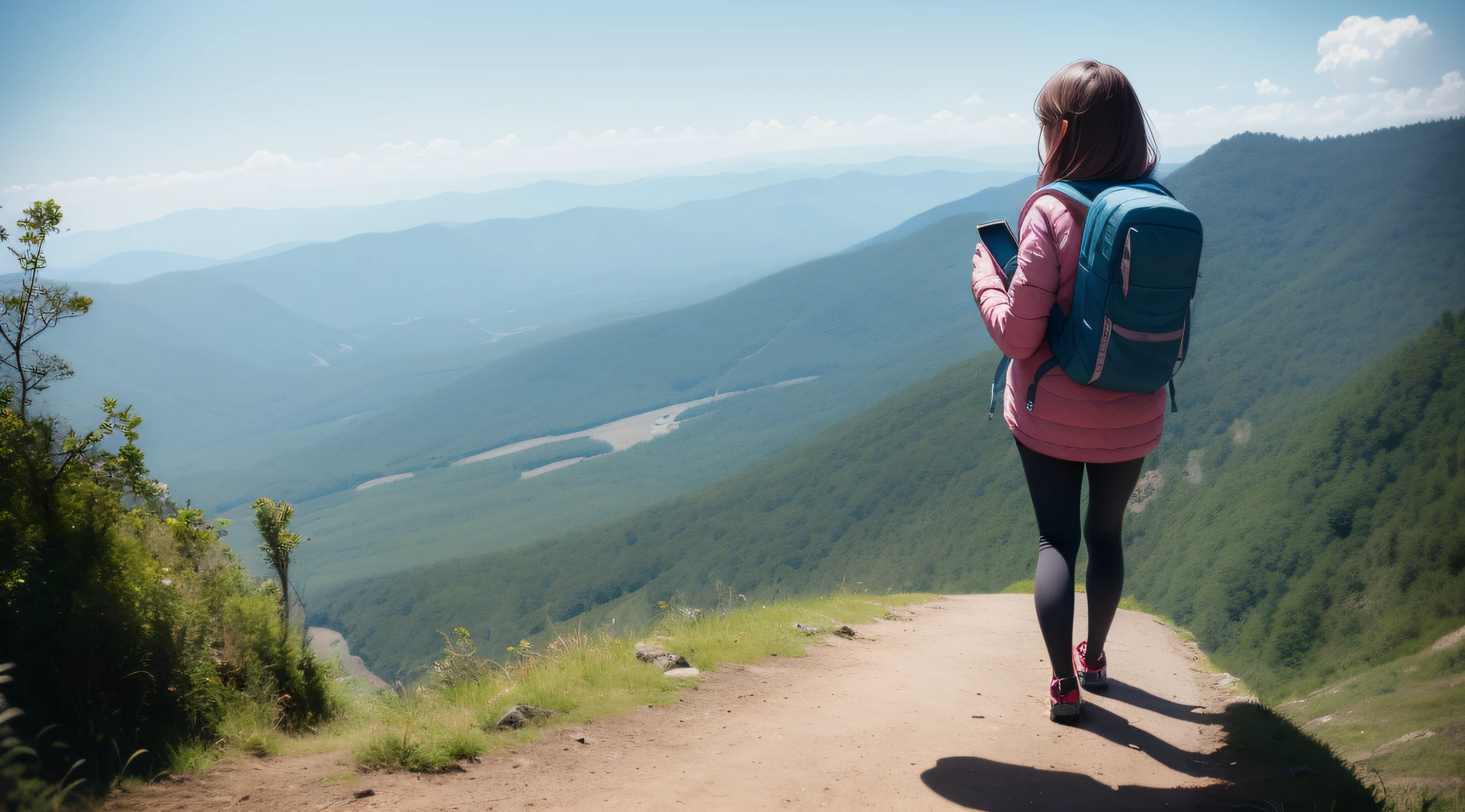 (Way Forward) Imagine a girl standing on a steep mountain trail. She's looking at the top of the mountain with a determined gaze. Your eyes reflect the unwavering resolve to achieve your goal. She carries a backpack and is dressed in adventurous clothes. Her posture demonstrates confidence and strength as she prepares to face the challenge ahead.