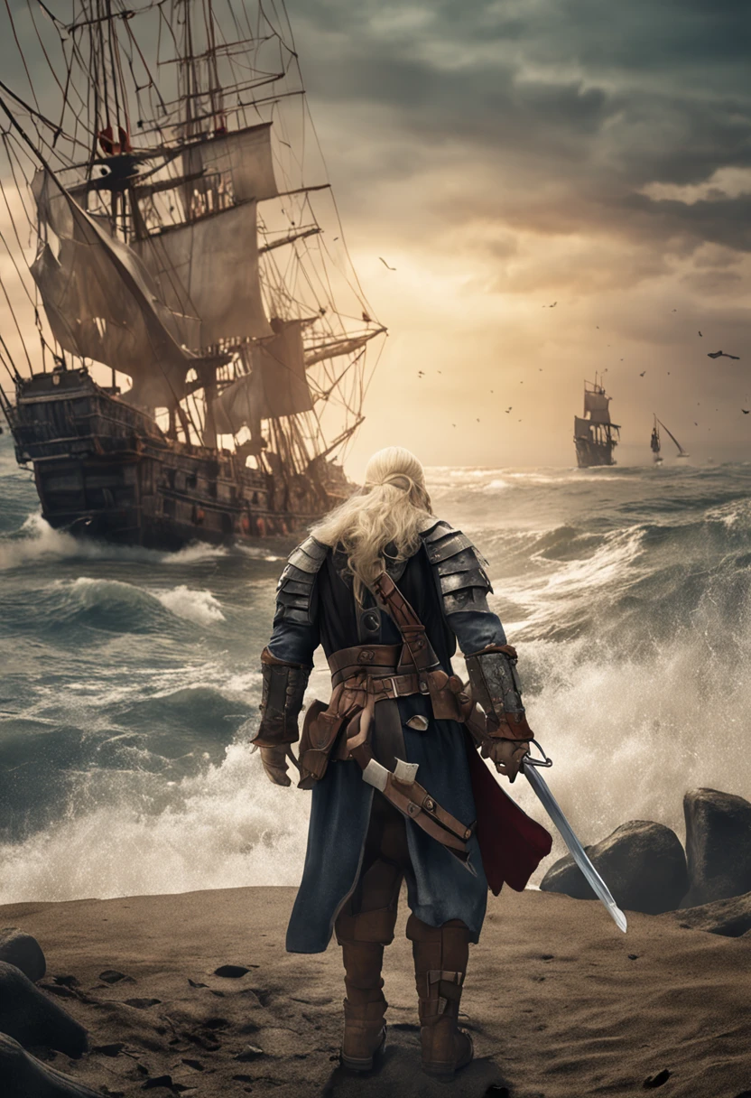 best qulaity, Meisterwerk, Ultra-detaillierte, extremely high-resolution CG unit wallpaper, beste Illustration, An extremely heroic, 36 Jahre alter Mann, Greatsword on the back, Haar kurz blond, Vollbart, blond, Pirate with plate armor, Hub above the right eye, steht in einer Hafenszcene vor einem Piratenschiff, -Kopfbedeckung, wird umgeben von gelben heiligen licht.