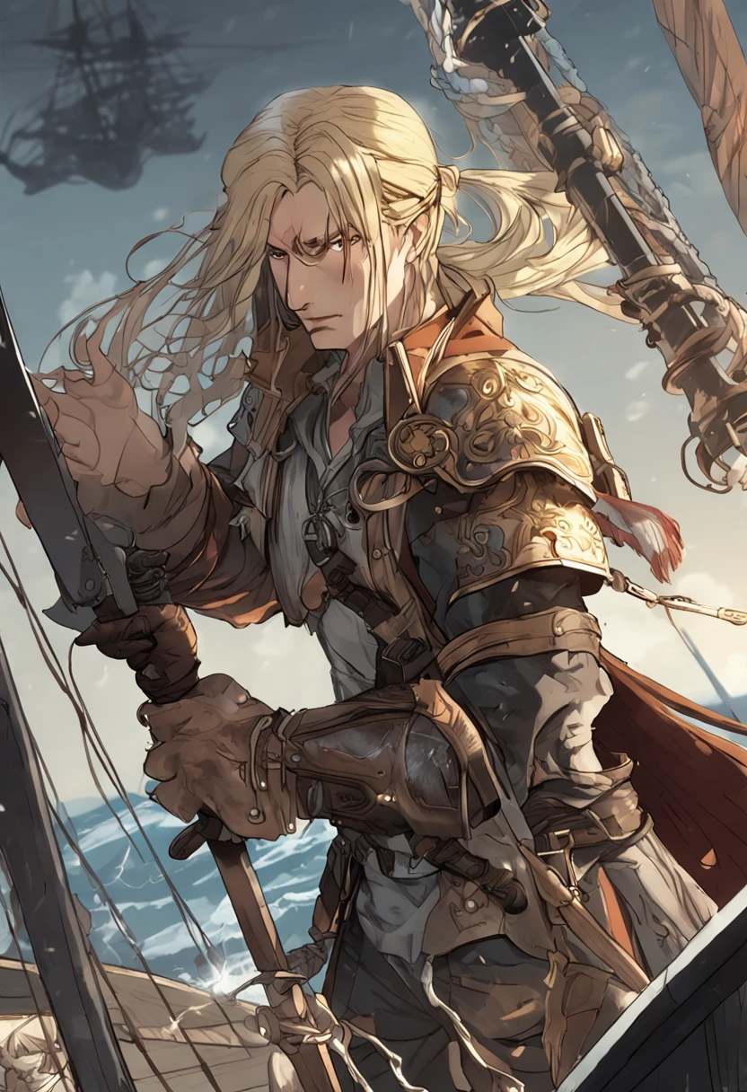 best qulaity, Meisterwerk, Ultra-detaillierte, extremely high-resolution CG unit wallpaper, beste Illustration, An extremely heroic, 36 Jahre alter Mann, Greatsword on the back, Haar kurz blond, Vollbart, blond, Pirate with plate armor, Hub above the right eye, steht in einer Hafenszcene vor einem Piratenschiff, -Kopfbedeckung, wird umgeben von gelben heiligen licht.