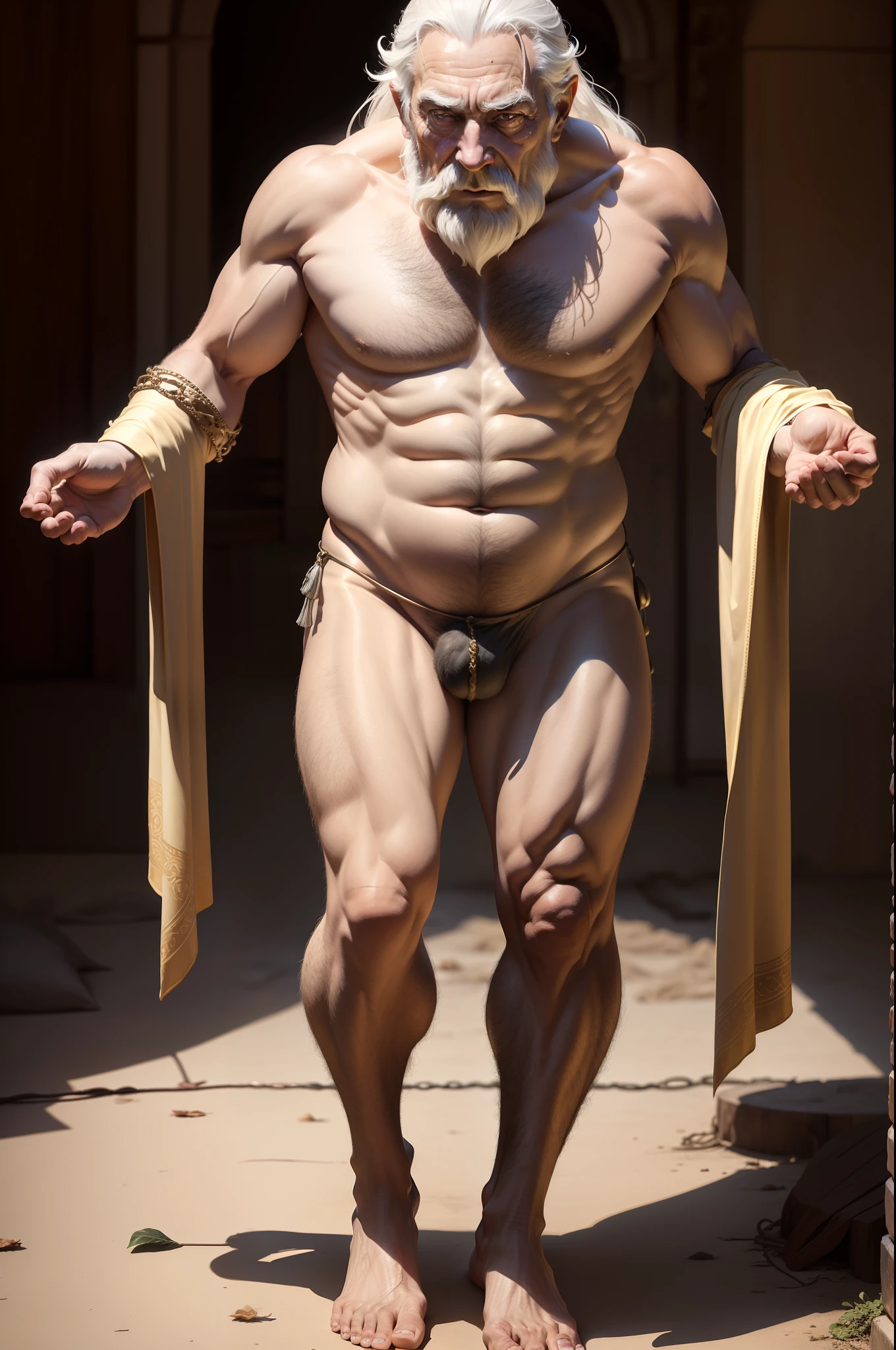 elderly male,Old King,The face is vicissitudes,with a well-proportioned body,Naked,There is only a fig leaf on the body,Hands are chained,The feet are also chained,standing on your feet,Whole body diagram