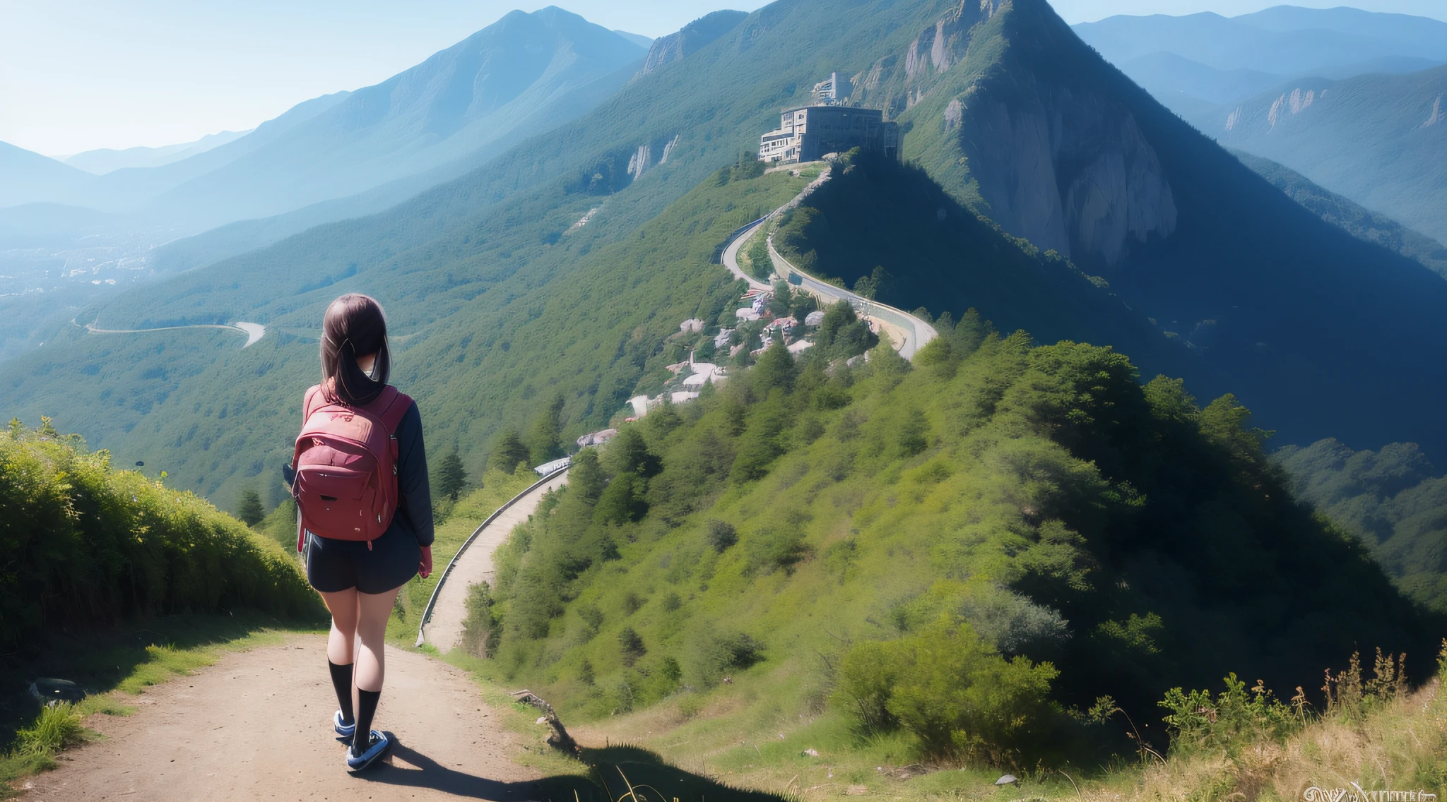 (Way Forward) Imagine a girl standing on a steep mountain trail. She's looking at the top of the mountain with a determined gaze. Your eyes reflect the unwavering resolve to achieve your goal. She carries a backpack and is dressed in adventurous clothes. Her posture demonstrates confidence and strength as she prepares to face the challenge ahead.