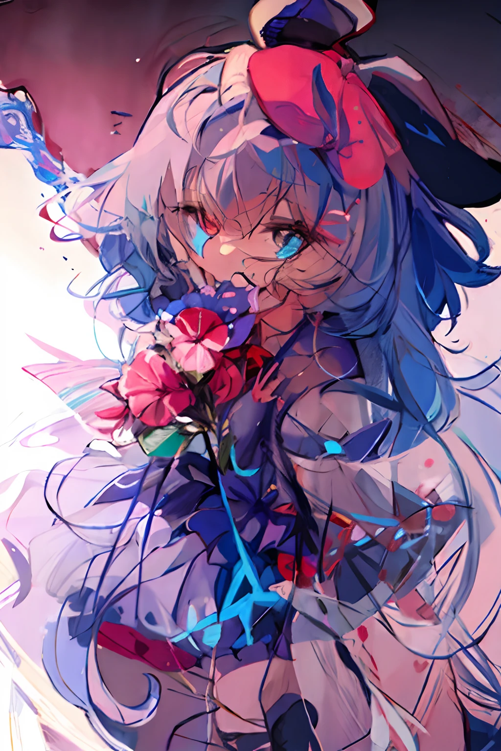 Anime girl with a bunch of flowers in her hand, de Desejo, por Kamagurka, Arte digital no Pixiv, Desejo, Projeto Touhou, Estilo Pixiv, por Ei-Q, Cirno Desejo, estilo de arte de anime, por Puru, Yandere intrincado, em estilo de cytus e deemo, Pixiv