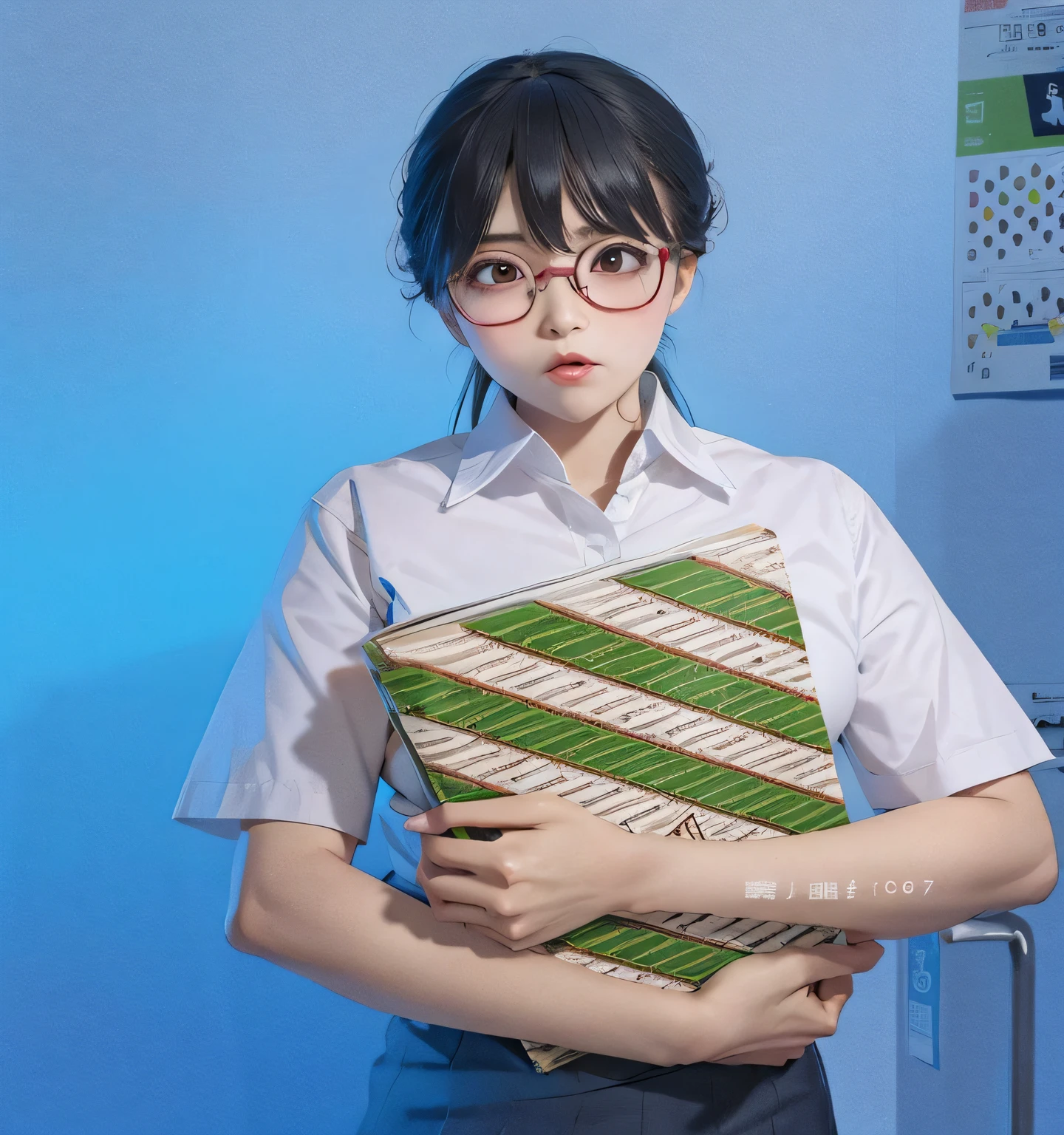 there is a woman holding a book in her hands, a hyperrealistic schoolgirl, hyperrealistic schoolgirl, with square glasses, nerdy appearance, with glasses, seifuku, inspired by Kim Jeong-hui, nerdy, inspired by Yanjun Cheng, realistic schoolgirl, shikamimi, inspired by Mei Qing, she wears harry potter glasses, korean girl