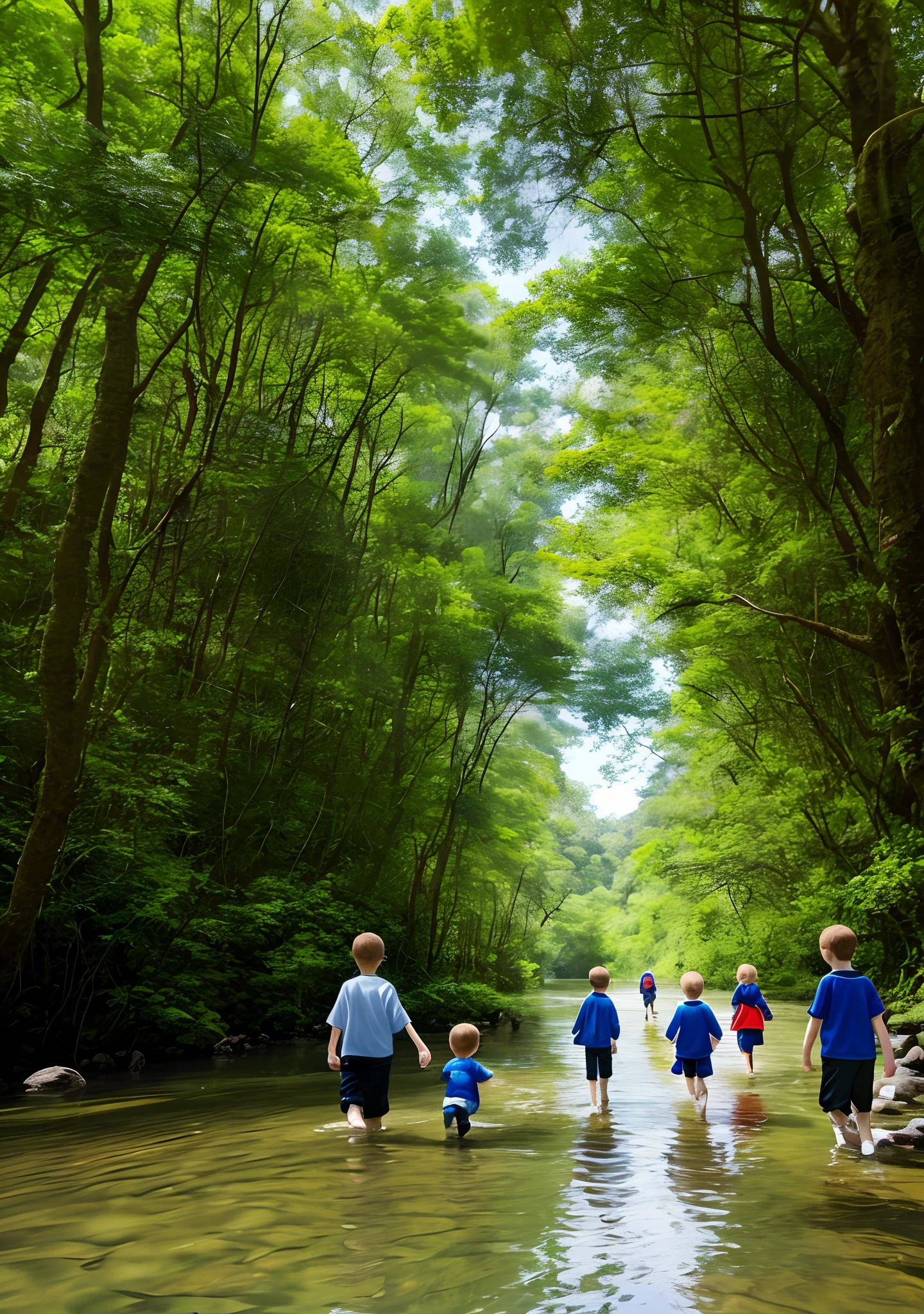 Boys and girls walking at the bottom of the river in the forest