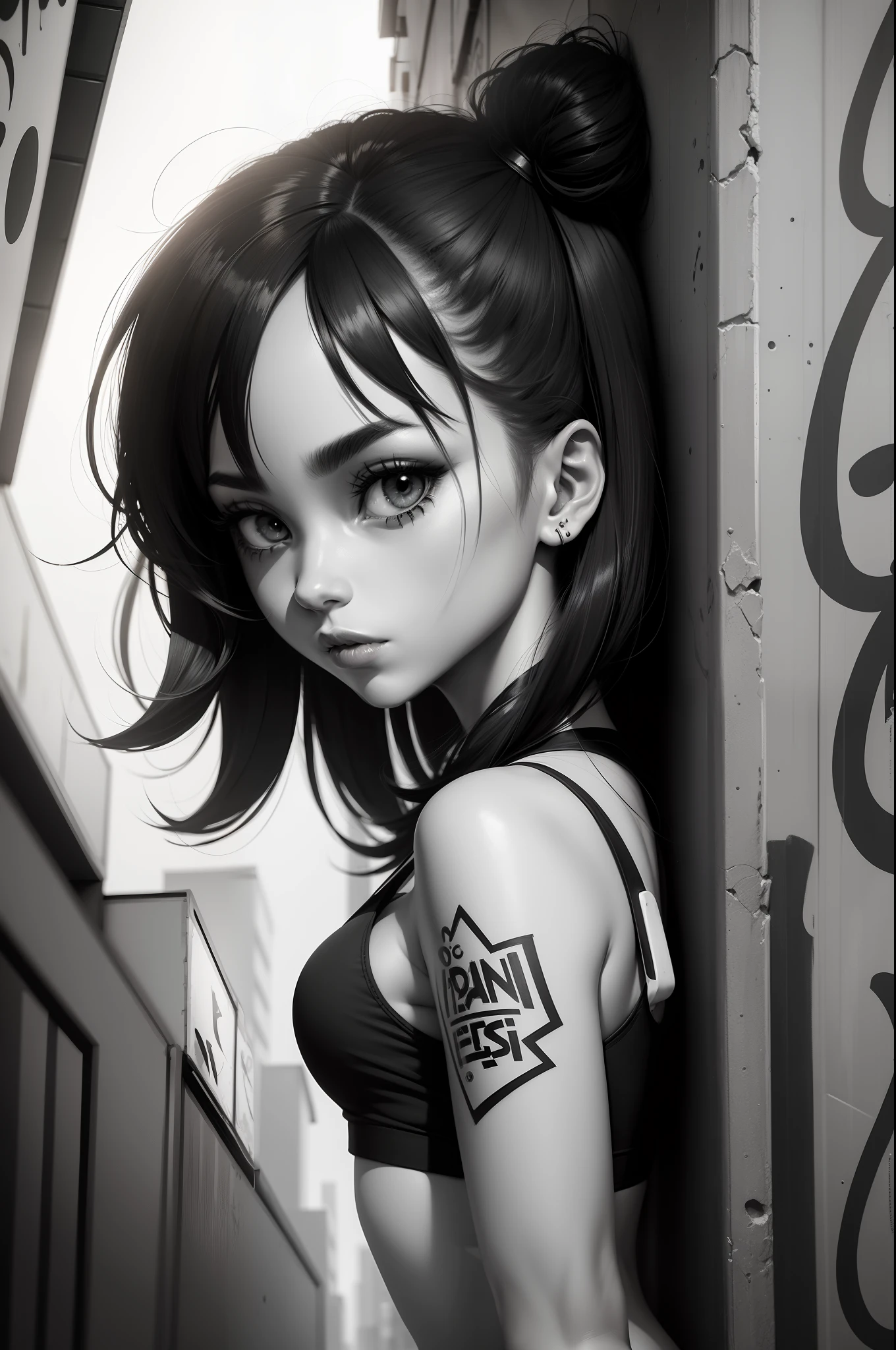 2D flat black and white graffiti，Cartoon Girl，The background is a variety of cartoon animals，Black and white