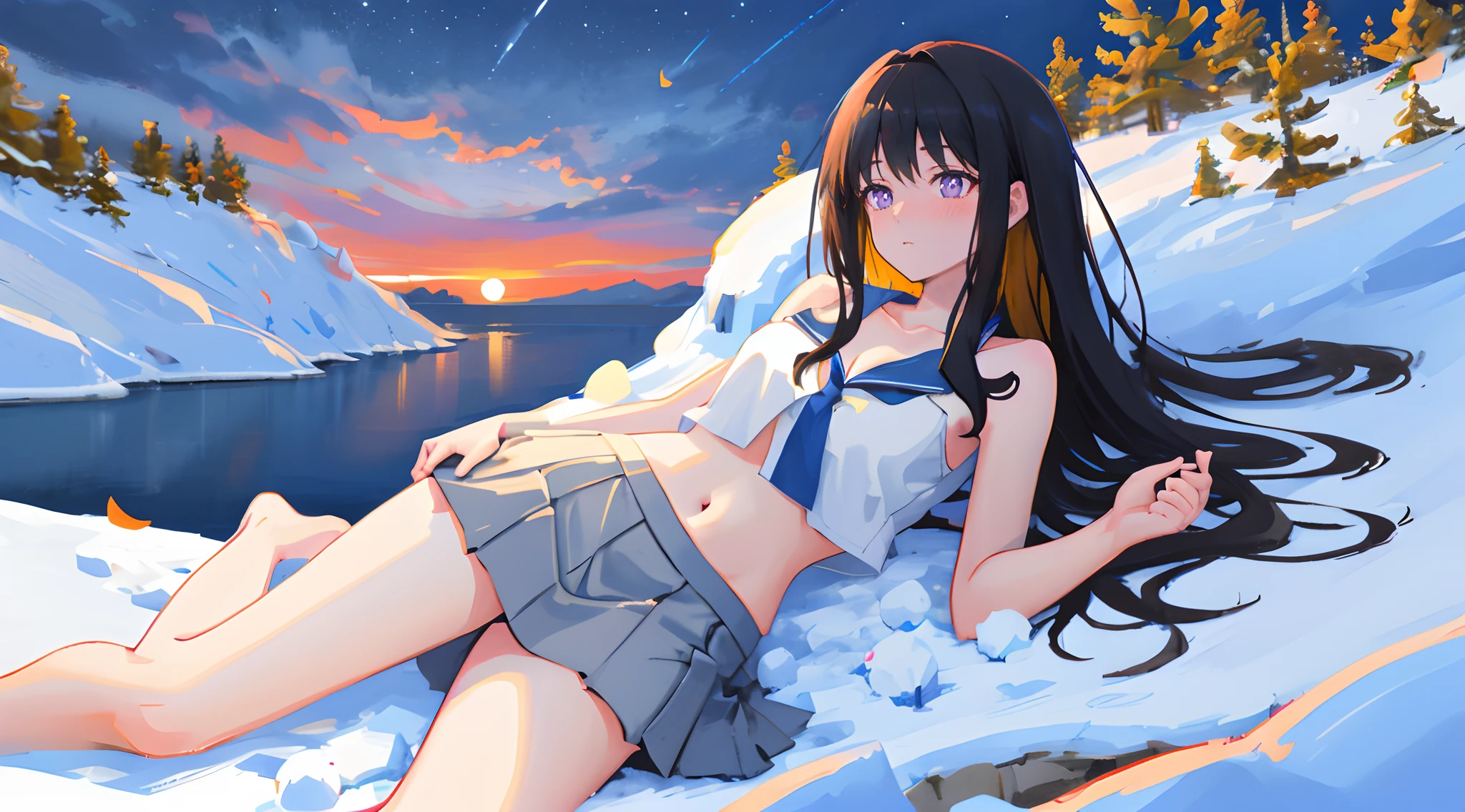 Inoue Takina, Long hair, bangs, Black hair, Purple pupils，Uniform short skirt，Bare legs，Extreme，Bare body，Expose the collarbone，Bare shoulders，Bare chest，Crop top，Bare crotch，A long and wide river，the night，conifer，Falling snow，snowfield，Thighs facing inward，Wide sky，small moon，Intricate clouds，Unfasten collared shirts and ties，Picturesque night view of the city，The characters are naked，Cruise ships coming and going，mediuml breasts，Bare breasts，beautiful countenance，Cinematic texture，Anime art wallpaper 8k, Beautiful anime girl, 4k manga wallpapers，Detailed，The sky passes through meteors，Masterpiece，Detailed light，illustration，Petite body，Beautiful detailed eyes，shyexpression，Caress your thighs，On extremely refined Cg ,Highly detailed,(Masterpiece)), Dynamic Angle, (Best quality), Best shadow,Dynamic，Great snowfield，Hillside in the distance，flower  sea，winter，solo person，Naked of breast，perfect female shape，big breasts exposed cleavage，stereograms，shadowing，Ear blush，Lying on the snow，rough breath, shadowing, in a panoramic view, 8K, Super detail, Anatomically correct