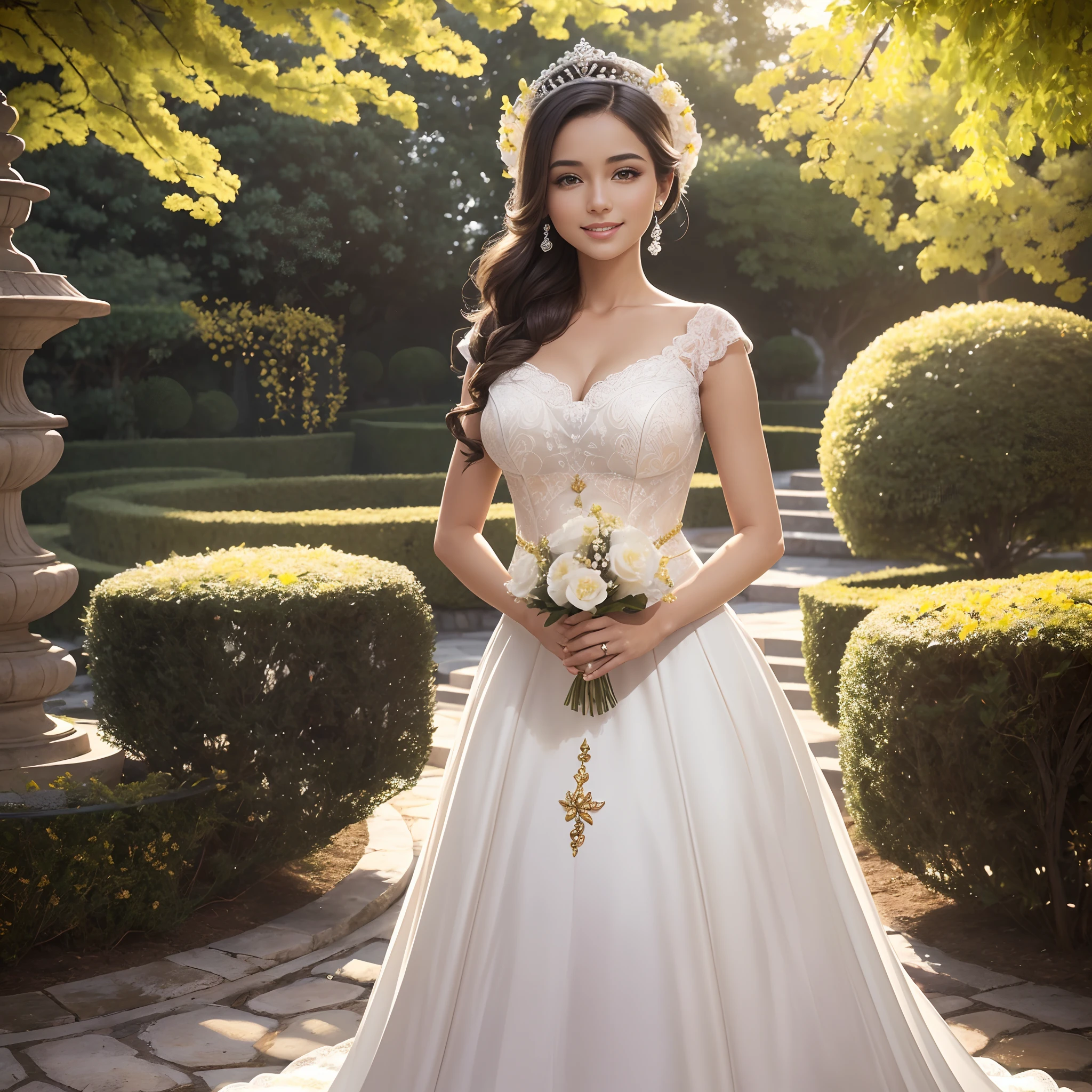 (Obra maestra) (La mejor calidad) Una hermosa mujer vestida de blanco con una corona de hojas doradas en la cabeza. She is in a beautiful garden standing in front of the camera with a beautiful smile in a natural pose... movie quality