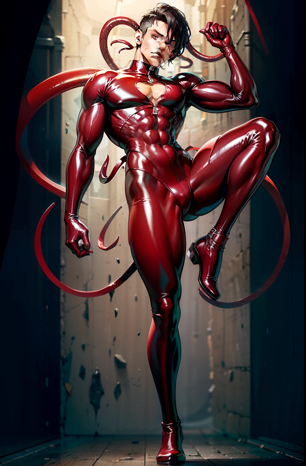 Male succubus，Tentacle wrapping，sexy muscular body，standing on your feet，full bodyesbian，Man,Youth，Best quality, crisp quality, Masterpiece, Highest resolution, Highly detailed, latex outfit，One-piece latex garment，Tight latex clothing，No zipper，Red latex gloves，Red stockings，chest muscle，Full-body muscular figure，mtu,Gay，head to toe，toeless legwear，mitts，