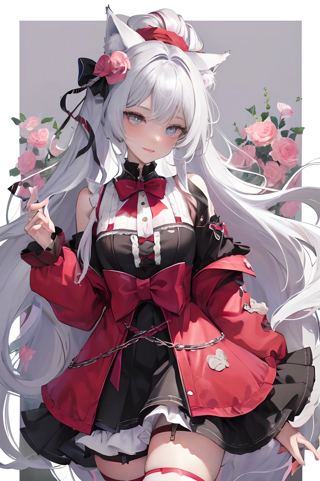 with long coiled hair, flowers in head, Cat ears, Bright pupils, Blush, (Monet:1), anaglyph, Fuji colors, outside border, hyper HD, Masterpiece, ccurate, Textured skin, 4K, Best quality, A high resolution, High quality, hyper HD, Masterpiece, Textured skin, A high resolution, Best quality, High quality, 4K，Rich colors，Raised sexy，semi transparent，silvery white hair，Red pupils，Bow knot，(Wolf tail:1)，Dynamic，rosette，Yarn，Charming，Raised sexy，Ribbons，Head up，unholy，Bad smile emoji，frenzied，Turning around，full bodyesbian，raise leg