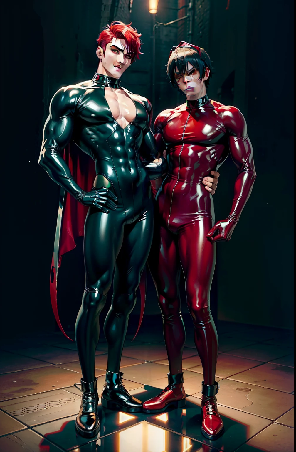 Male succubus,Tentacle wrapping,sexy muscular body,standing on your feet,full bodyesbian,Man,Youth,Best quality, crisp quality, Masterpiece, Highest resolution, Highly detailed, latex outfit,One-piece latex garment,Tight latex clothing,No zipper,Red latex gloves,Red stockings,chest muscle,Full-body muscular figure,mtu,Gay,head to toe,toeless legwear,mitts,
