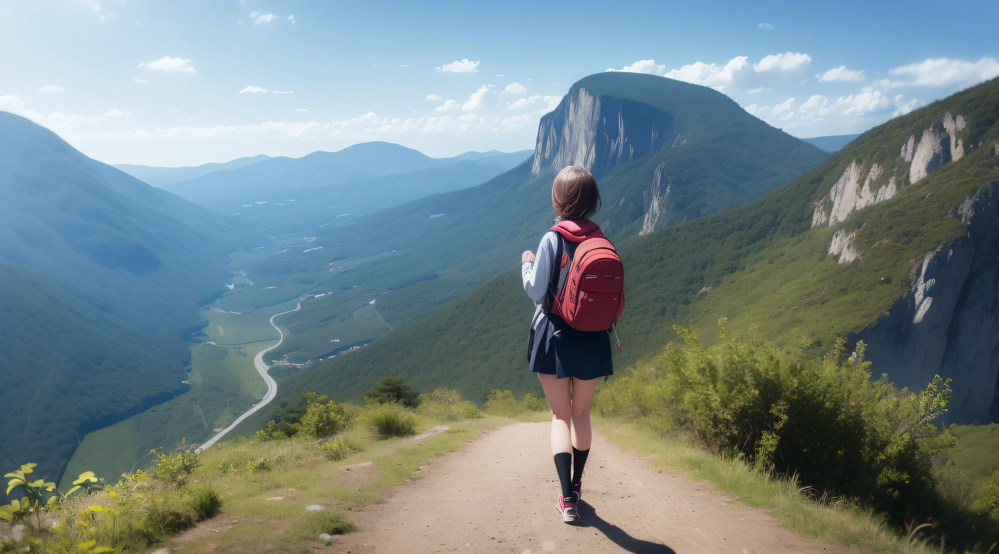 (Caminho a seguir) Imagine a girl standing on a steep mountain trail. She's looking at the top of the mountain with a determined gaze. His eyes reflect the unwavering determination to achieve his goal. She carries a backpack and is dressed in adventurous clothes. Your posture demonstrates confidence and strength as you prepare to face the challenge that lies ahead.