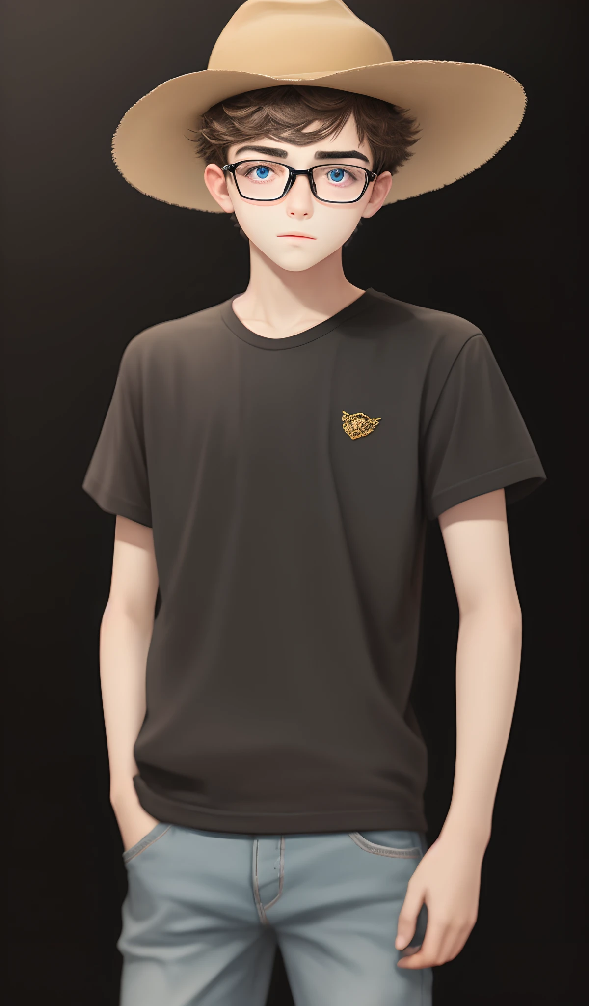 brunette boy with glasses and hat, black background