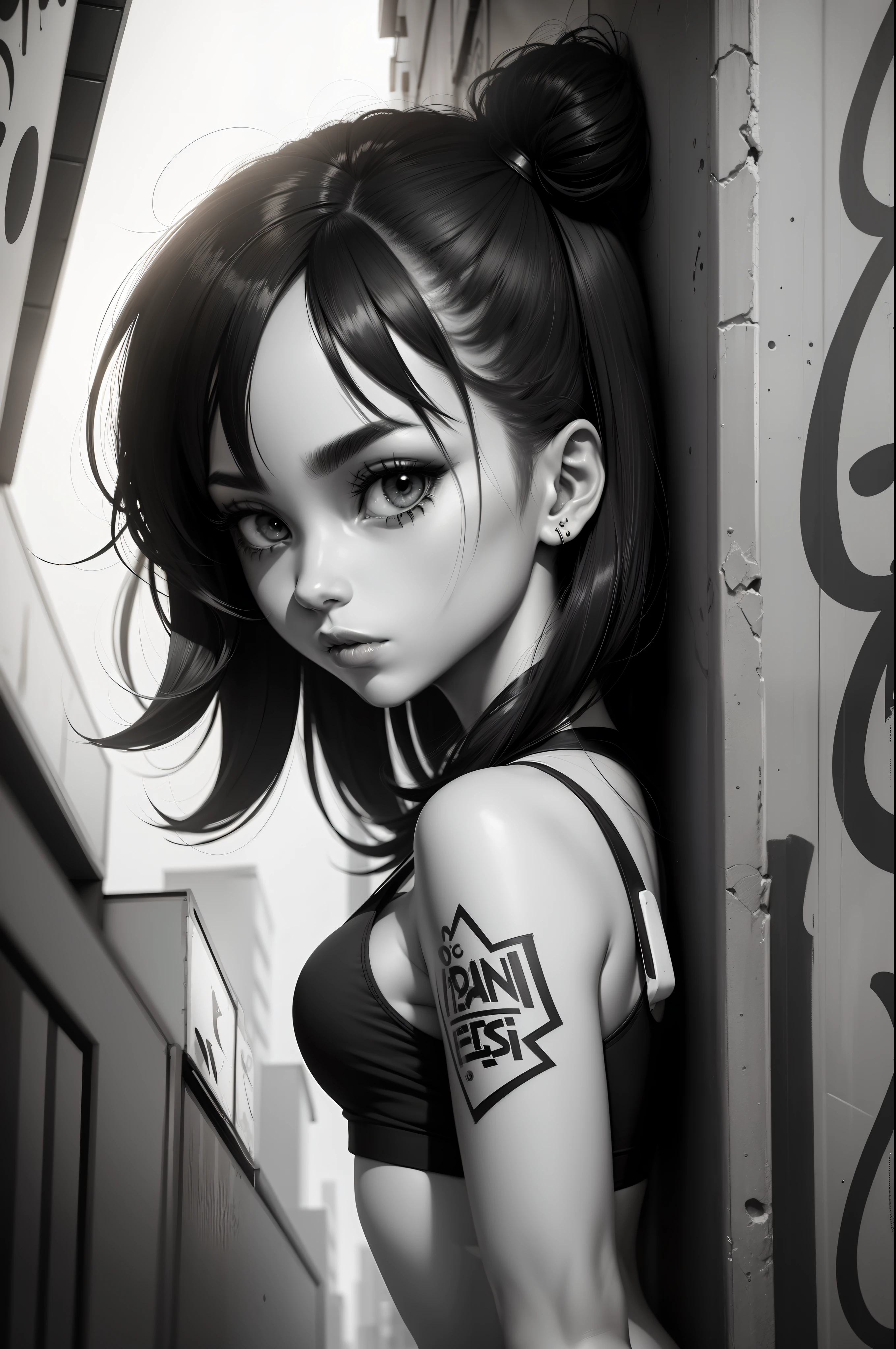 2D flat black and white graffiti,Cartoon Girl,The background is a variety of cartoon animals,Black and white
