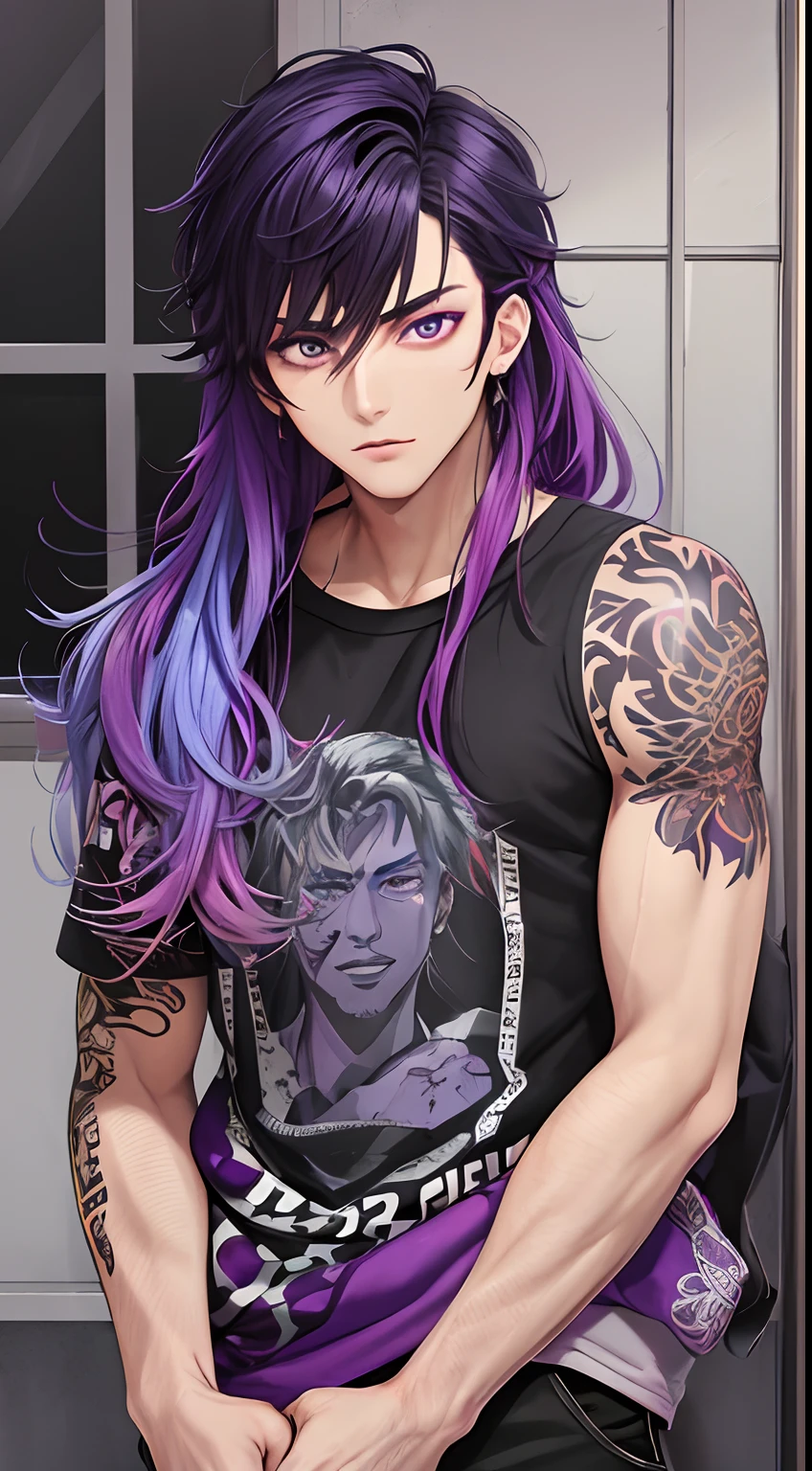 colorful,highest detailed, Young 18 years old  Male with  realy dark brown  puffy hair and purple ombre, one light blue eye purple eye, handsome, casual clothes, beautiful serious eyes,  gangster, toned muscle, japanese styled tatoo fully covering his right arm, yakuza member