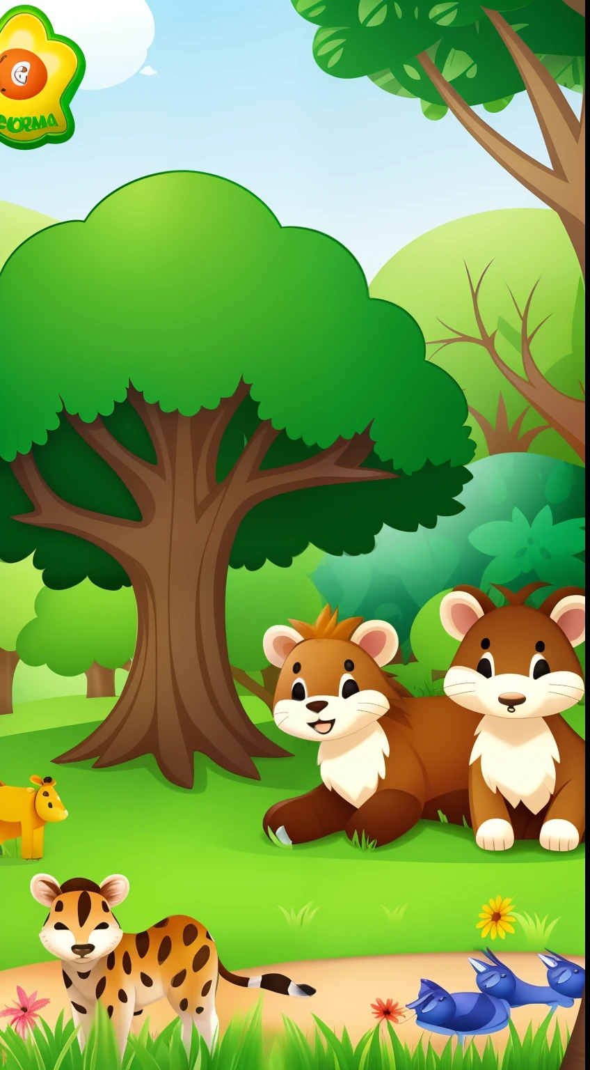crie uma imagem com tema selva, para quarto infantil . He needs to have the animals and vegetation
