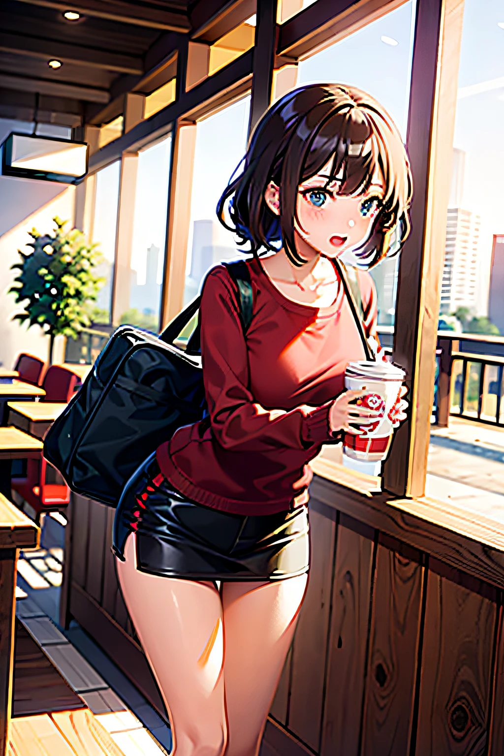 girl rummaging through her bag in a red shirt in a coffee shop