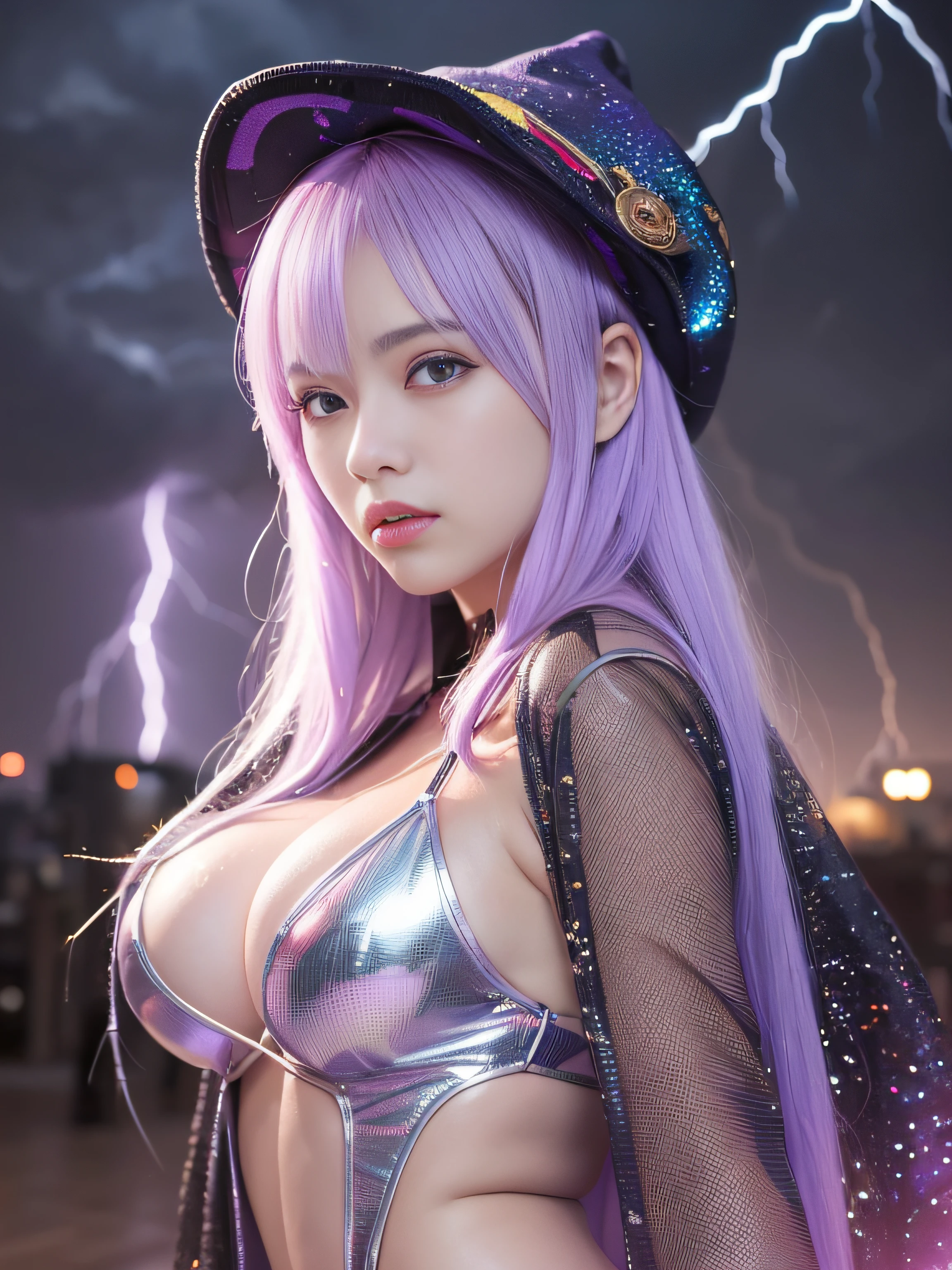 top-quality、masterpiece、超A high resolution、(Photorealsitic:1.4)、Raw photo、Detailed CG image quality、cyberpunked、Beautiful fece、1girl in、(Wizard Hat:1.4)、(Wizard robes:1.4)、cleavage of the breast、(Thin Mirror Silver Latex Suit)、(Purple eyes), (radiant eyes), detailed portrait、8K picture quality、bright colour、concept-art、Cinematic and dramatic atmosphere、foco nítido、Volumetric lighting、Cinematographic lighting、Wearing studio quality、(Colorful neon lighting from behind)、depth of fields、Ambient lighting、Blurred foreground、blurry backround:1.3、(rainy evening), (Severe lightning strike:1.4),