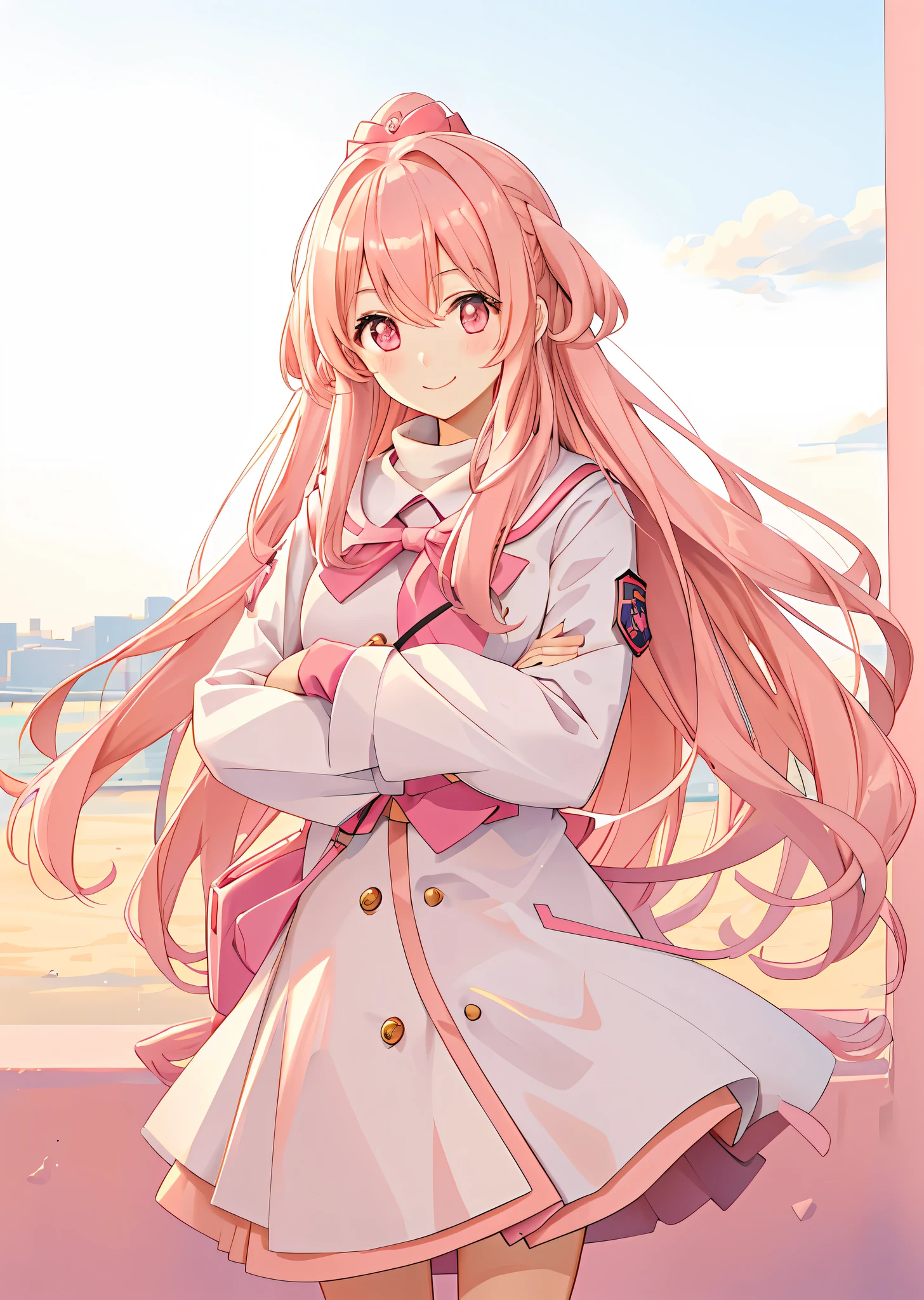 woman pink peach long hair peach pink eyes high school coat winter cute shy smile