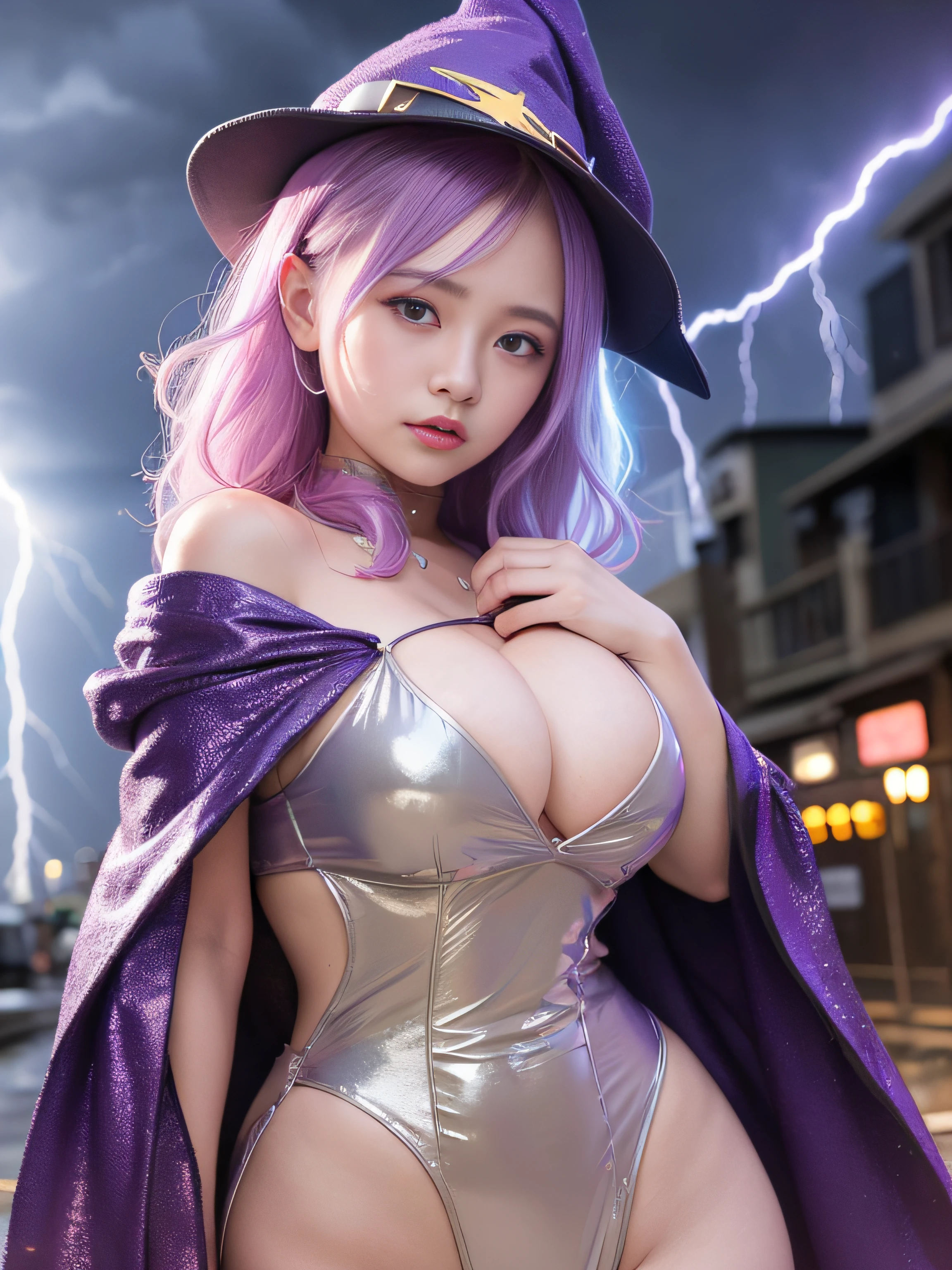 top-quality、masterpiece、超A high resolution、(Photorealsitic:1.4)、Raw photo、Detailed CG image quality、cyberpunked、Beautiful fece、1girl in、(Wizard Hat:1.4)、(Wizard robes:1.4)、cleavage of the breast、(Thin Mirror Silver Latex Suit)、(Purple eyes), (radiant eyes), detailed portrait、8K picture quality、bright colour、concept-art、Cinematic and dramatic atmosphere、foco nítido、Volumetric lighting、Cinematographic lighting、Wearing studio quality、(Colorful neon lighting from behind)、depth of fields、Ambient lighting、Blurred foreground、blurry backround:1.3、(rainy evening), (Severe lightning strike:1.4),