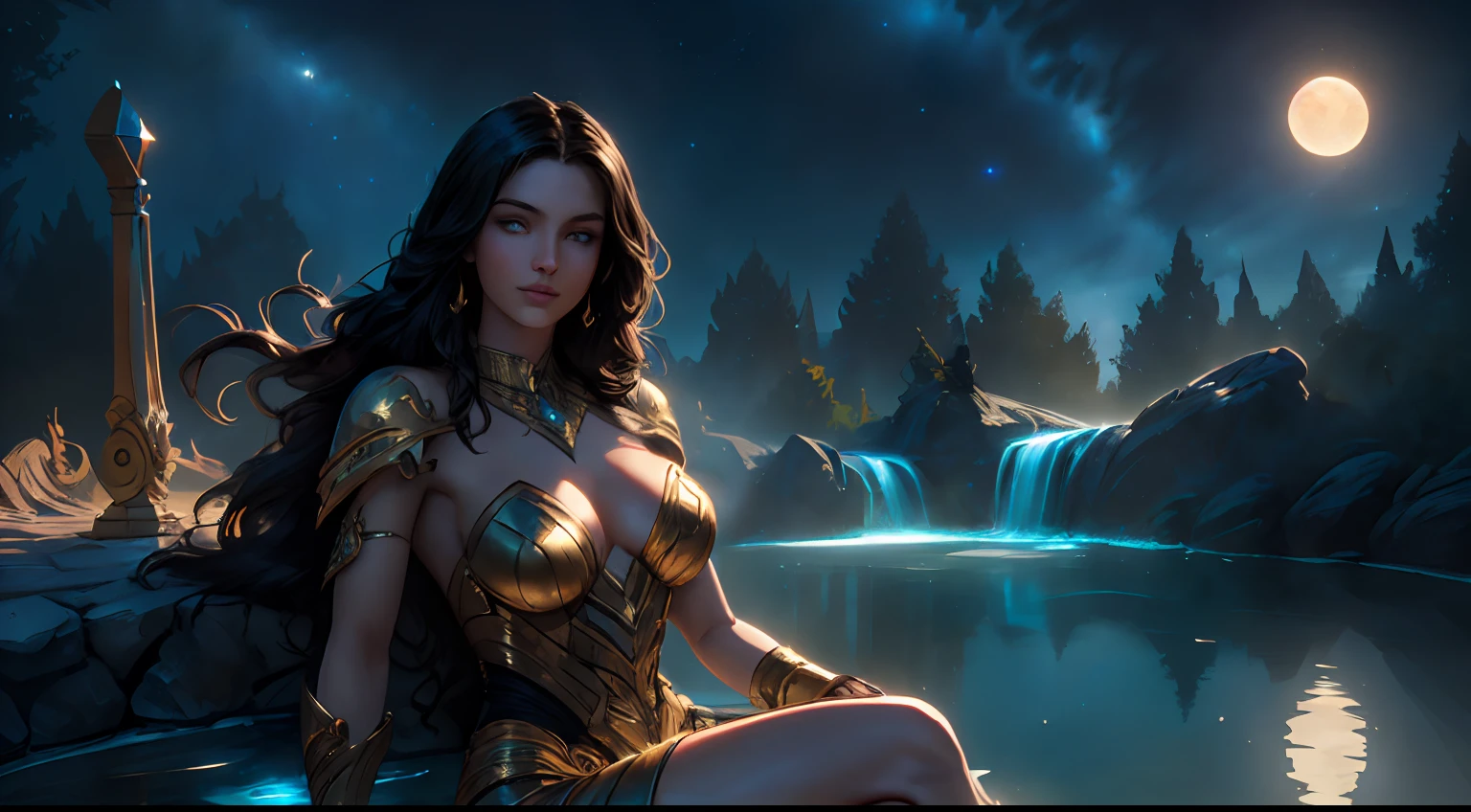 high details, best quality, 16k, [best detailed], masterpiece, best quality, (extremely detailed), a view from the rear (best details, Masterpiece, best quality), photorealistic, fantasy art, RPG art, a portrait of a woman sitting in a pool by a waterfall at night, extremely beautiful human woman (best details, Masterpiece, best quality), ultra detailed face (best details, Masterpiece, best quality) black hair, long hair, pale skin, dynamic eyes color, dynamic dressing  (best details, Masterpiece, best quality: 1.3), sitting in a pool  (best details, Masterpiece, best quality: 1.4), waterfall and natural pool in forest clearing  (best details, Masterpiece, best quality: 1.5), candles light  (best details, Masterpiece, best quality: 1.2), fantasy night, moon light, stars, fantasy_night
 fantasy night scenery, sense of serenity, atmosphere of tranquility, High Detail, Ultra High Quality, High Resolution, 16K Resolution, Ultra HD Pictures, Ultra Realistic, Clear Details, Realistic Detail, Ultra High Definition